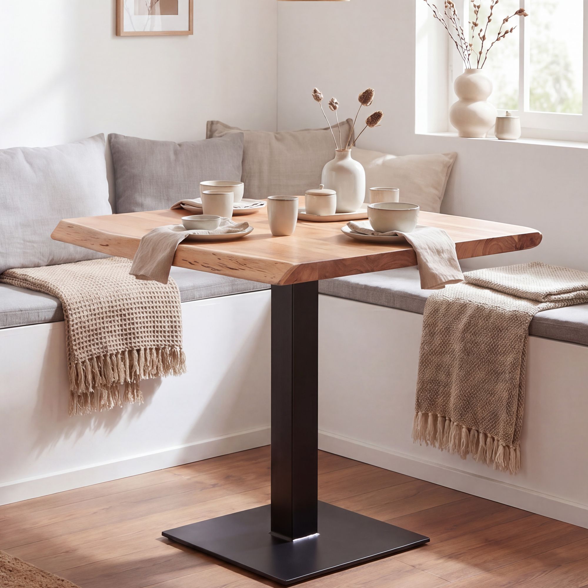 FineBuy Esszimmertisch quadratisch 80cm Massivholz Akazie Baumkante - Industrial Esstisch Baumstamm Massiv Echtholz - Küchentisch - Baumkantentisch Bistrotisch
