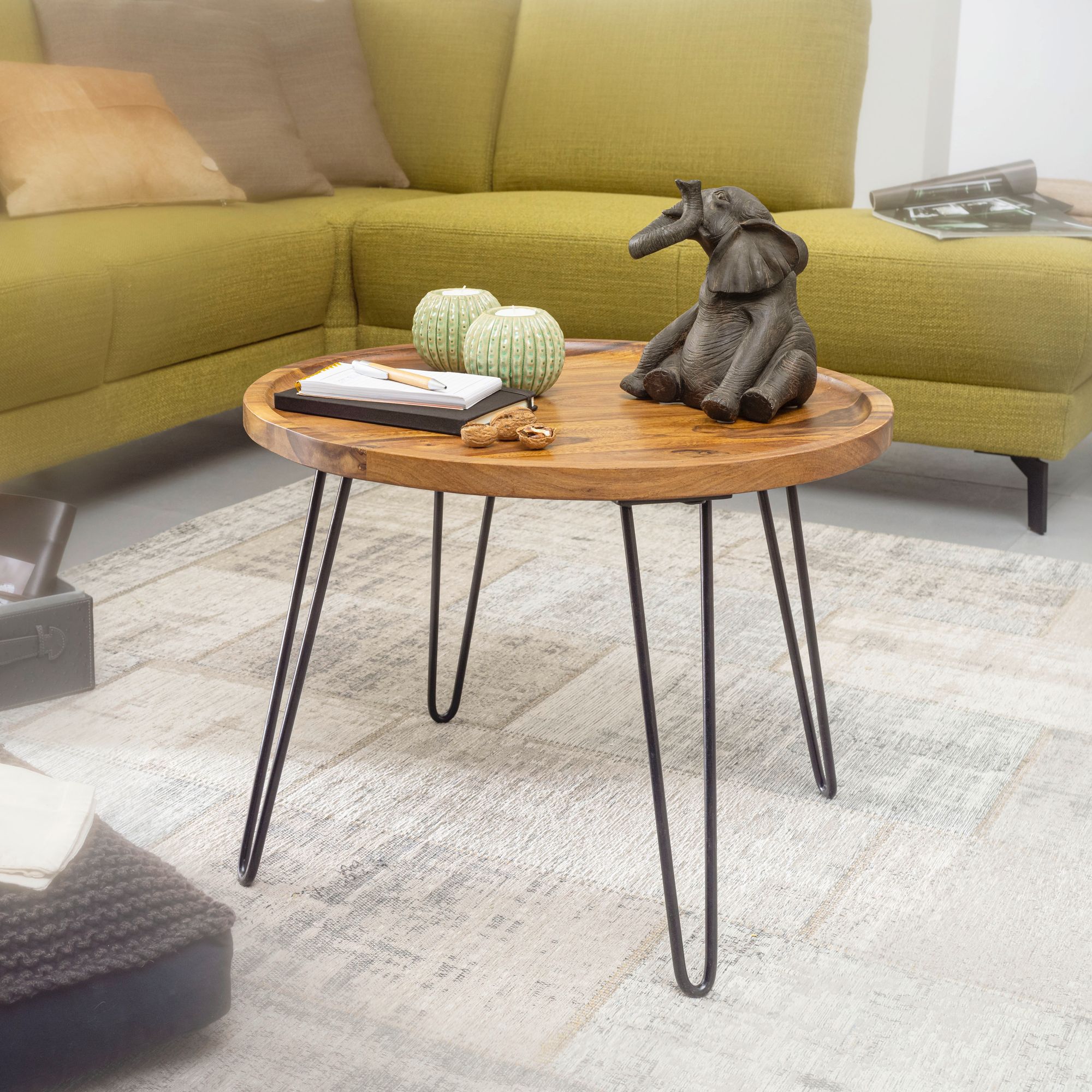 FineBuy Couchtisch Sheesham Massivholz rund Ø 60 cm – Wohnzimmertisch mit Metallbeinen im Retro Design – Handgefertigter Holztisch mit Ablagekante – 45 cm hoch