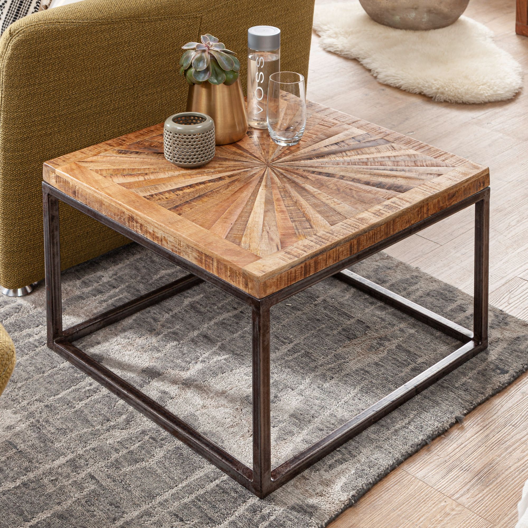 FineBuy Couchtisch Mango Massivholz quadratisch 55x55 cm · Wohnzimmertisch mit Sternmuster Tischplatte · Massivholztisch mit Metallgestell im Industrial Design