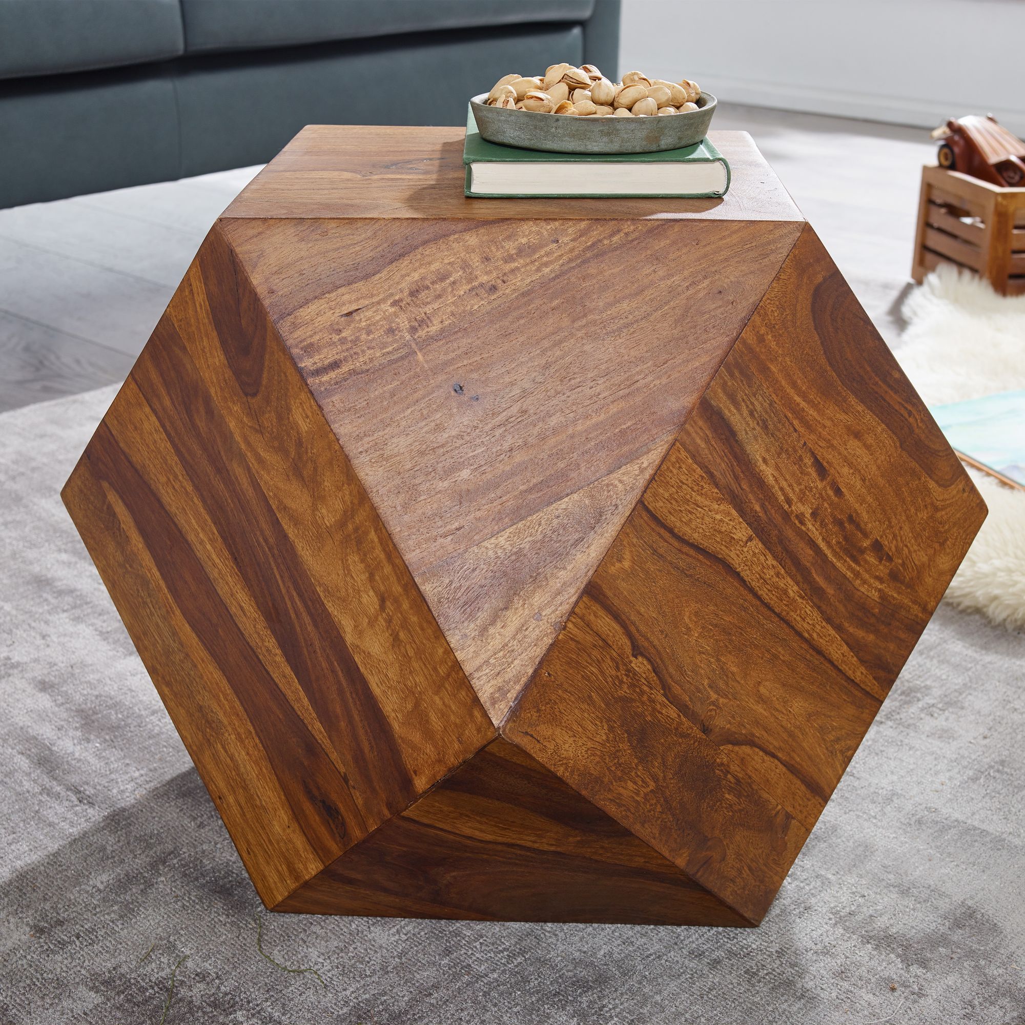 FineBuy Couchtisch 57 x 42,5 x 57 cm Sheesham Massivholz Sofatisch Modern, Wohnzimmertisch in Diamantform, Holztisch Massiv Wohnzimmer, Echtholz Tisch