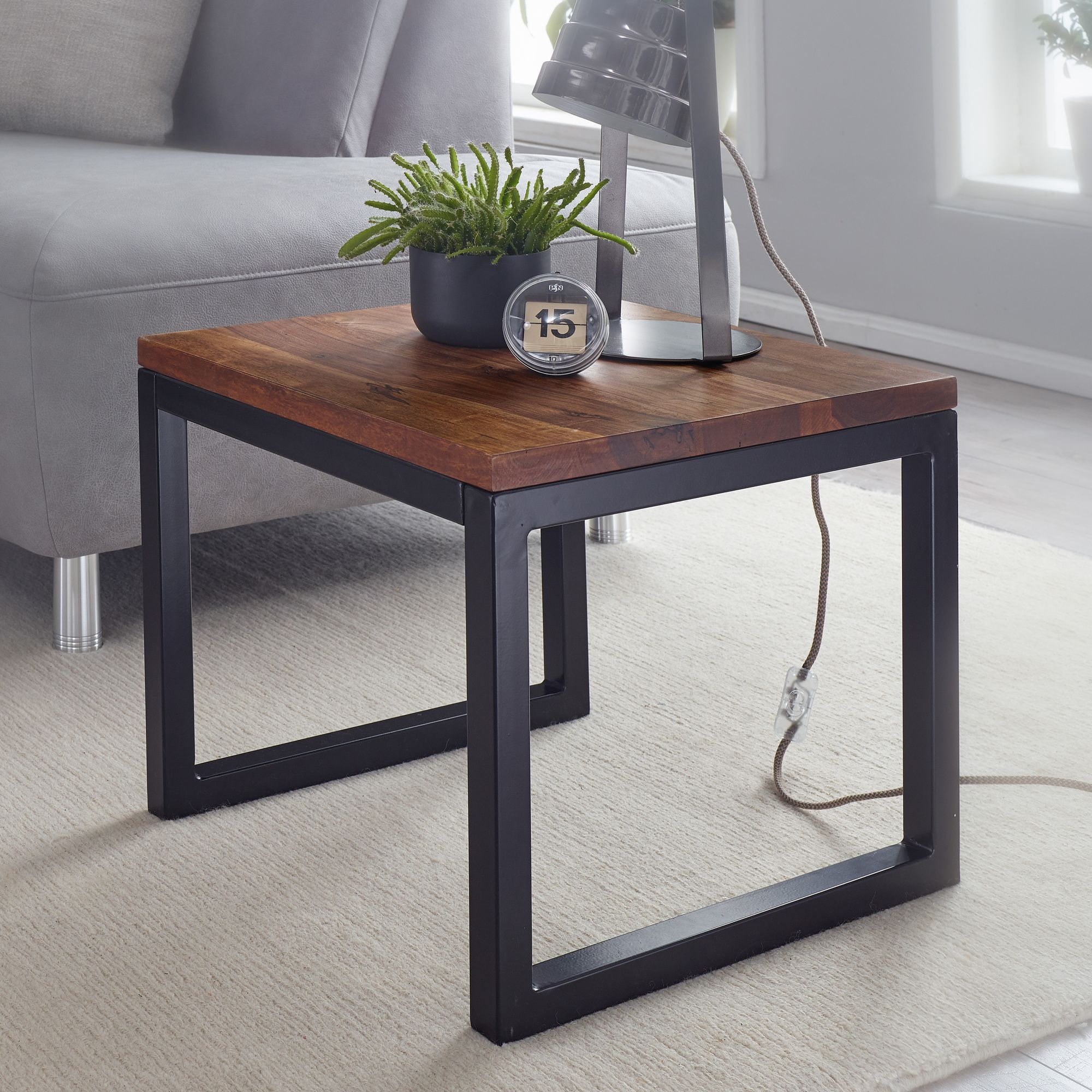 FineBuy Beistelltisch 45x40x45 cm Sheesham Massivholz / Metall Wohnzimmertisch, Industrial Style Designer Holztisch, Tisch Wohnzimmer, Kleiner Couchtisch Massiv