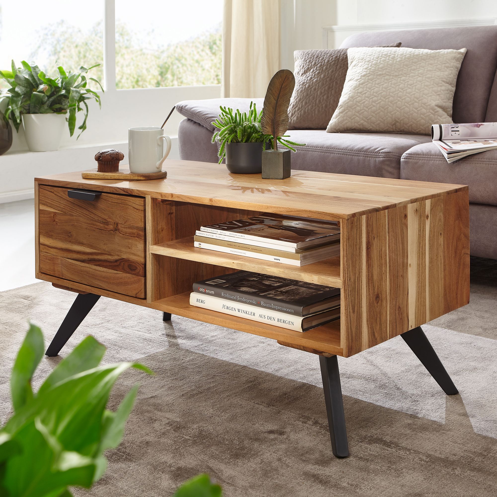 FineBuy Couchtisch Akazie Massivholz 95cm · Rechteckiger Wohnzimmertisch mit Schublade & Ablagefächern · Handgefertigter Sofatisch mit schwarzen Metallbeinen im Industrial Design