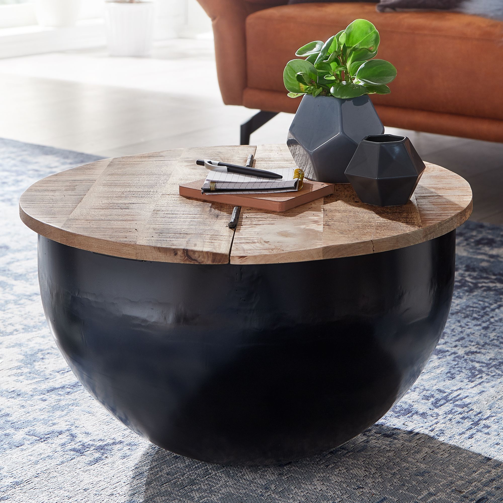 FineBuy Couchtisch Mango Massivholz Metall 60x34x60 cm Industrial Style Rund, Design Wohnzimmertisch mit Stauraum, Moderner Loungetisch Sofatisch Schwarz