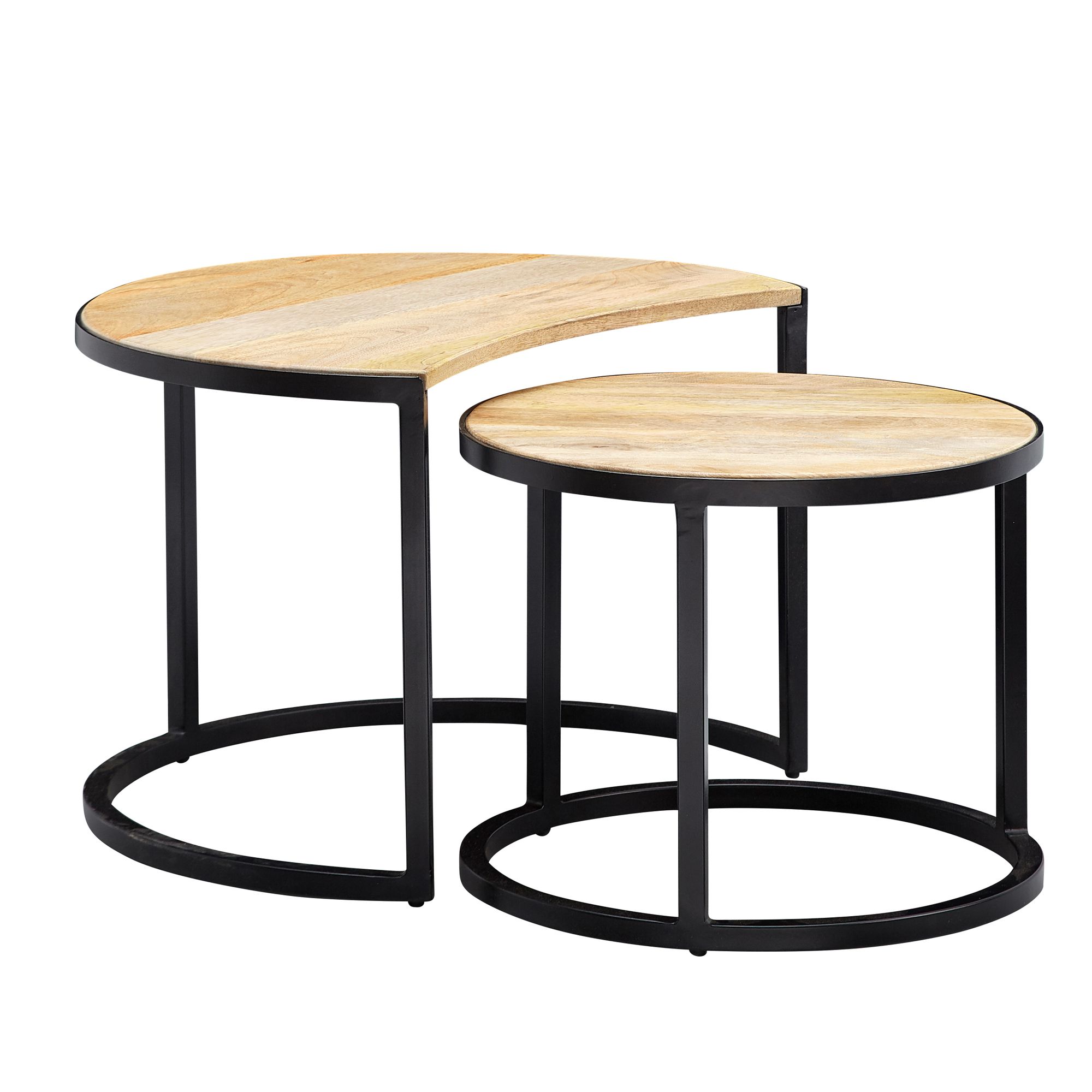FineBuy Couchtisch Set 2er Mango Massivholz rund Natur · Wohnzimmertisch Beistelltisch mit Metallgestell Schwarz · Satztische im Industrial Design