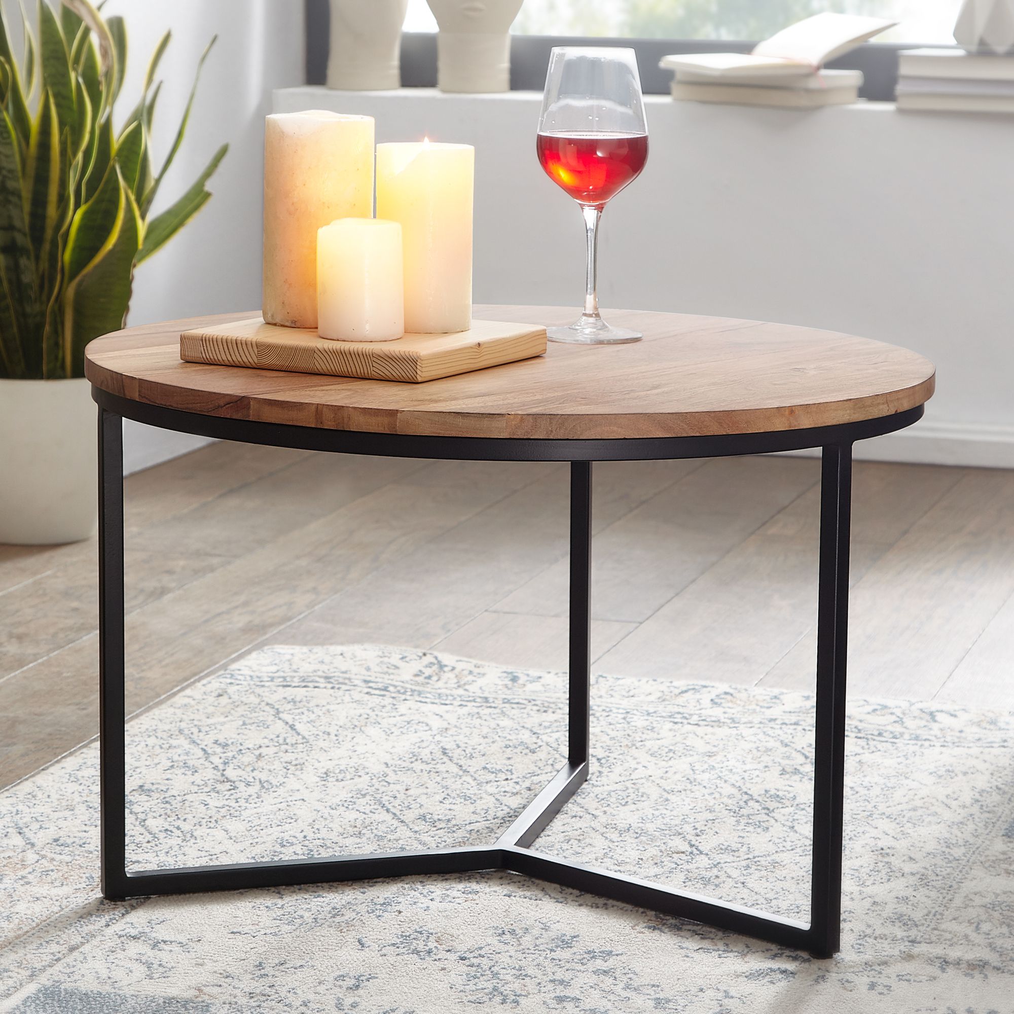 FineBuy Couchtisch Akazie Massivholz rund 60 cm · Kleiner Moderner Design Wohnzimmertisch mit Metallgestell · Handgefertigt Industrial Design