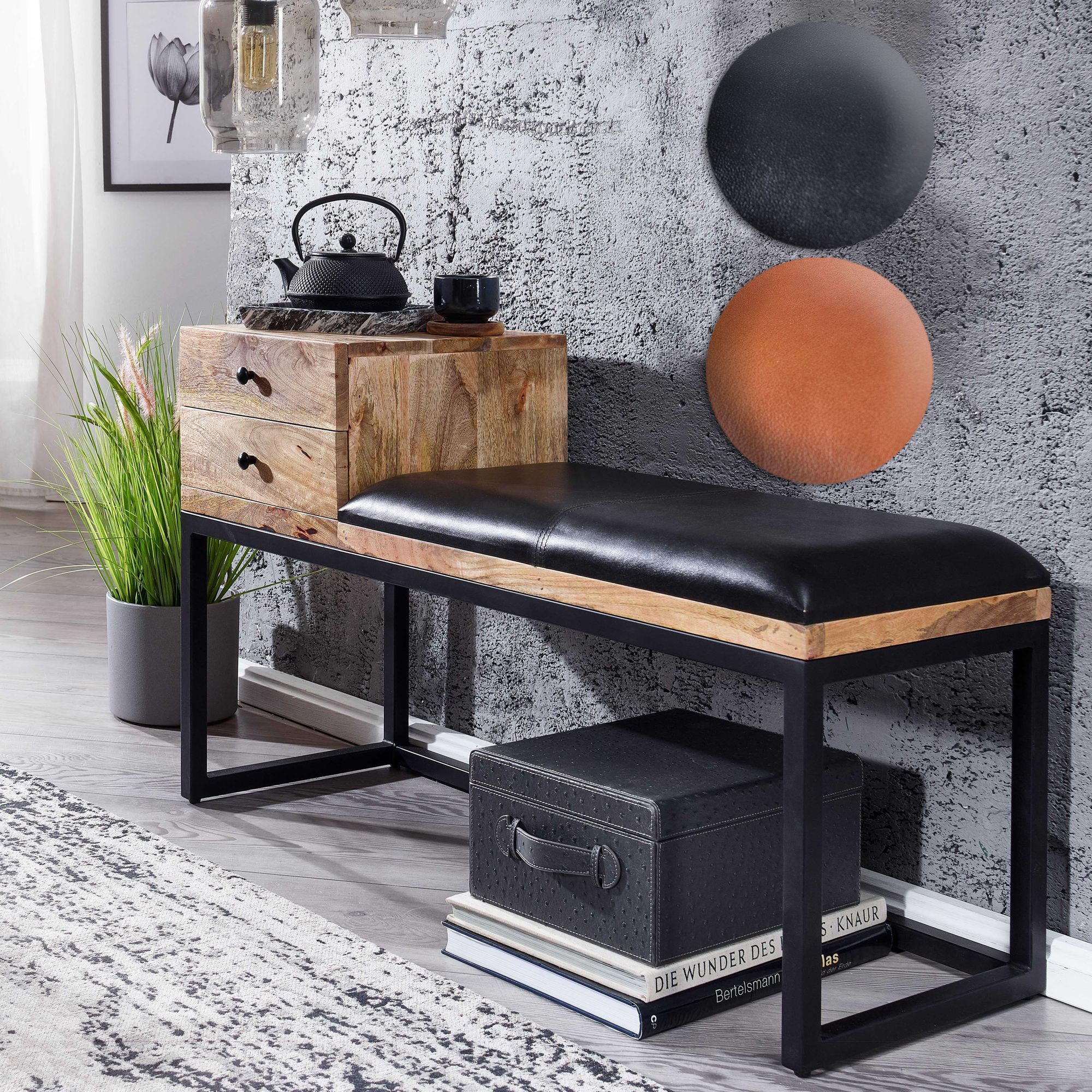 FineBuy gepolsterte Sitzbank 100 cm Massivholz Echtleder Schwarz mit Schublade - Retro Polsterbank für Garderobe, Schlafzimmer, Wohnzimmer - Garderobenbank Eingangsbereich