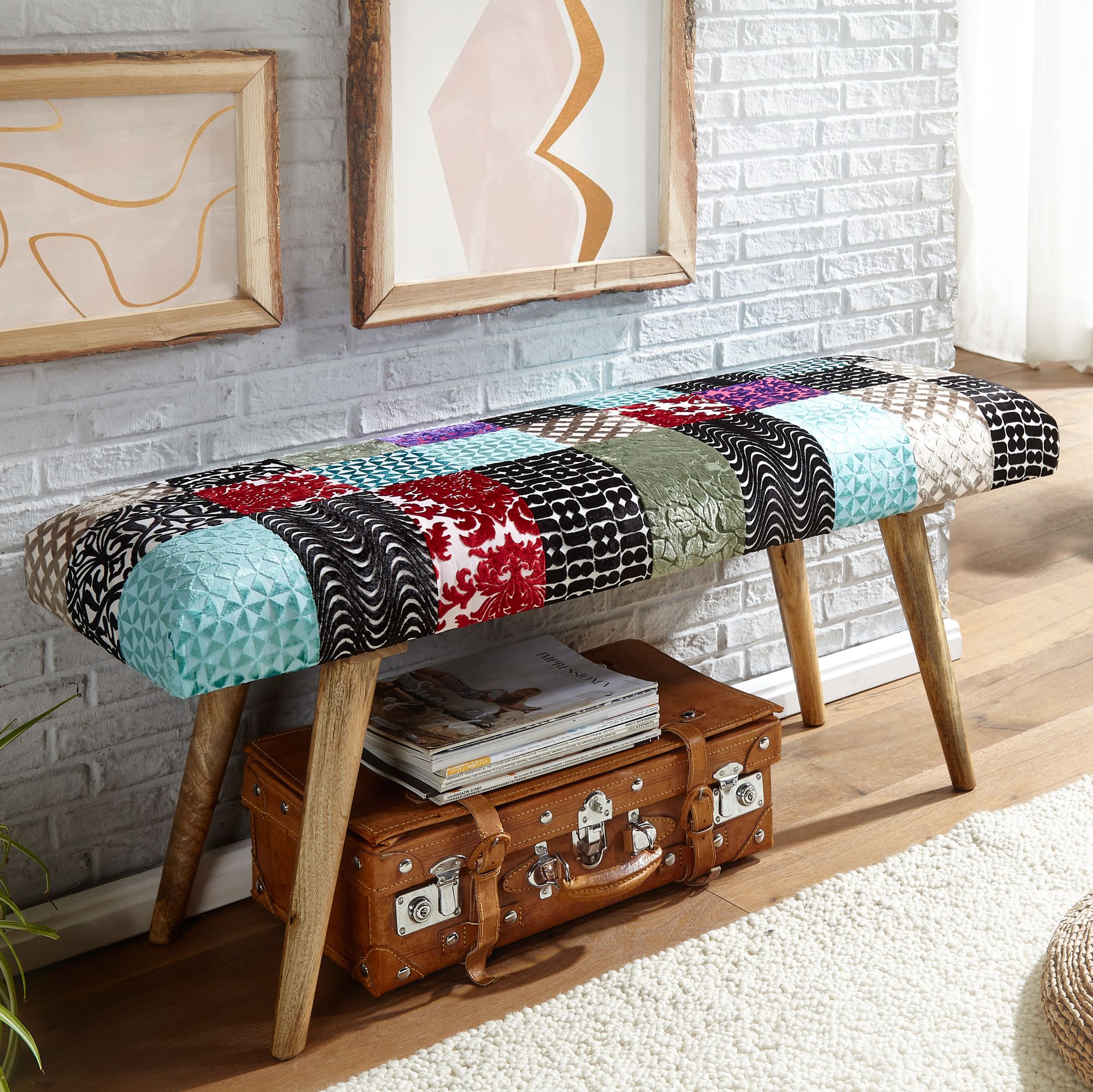 FineBuy gepolsterte Sitzbank 120 cm Patchwork - Retro Polsterbank für Garderobe Schlafzimmer & Wohnzimmer - Garderobenbank Eingangsbereich - Handmade