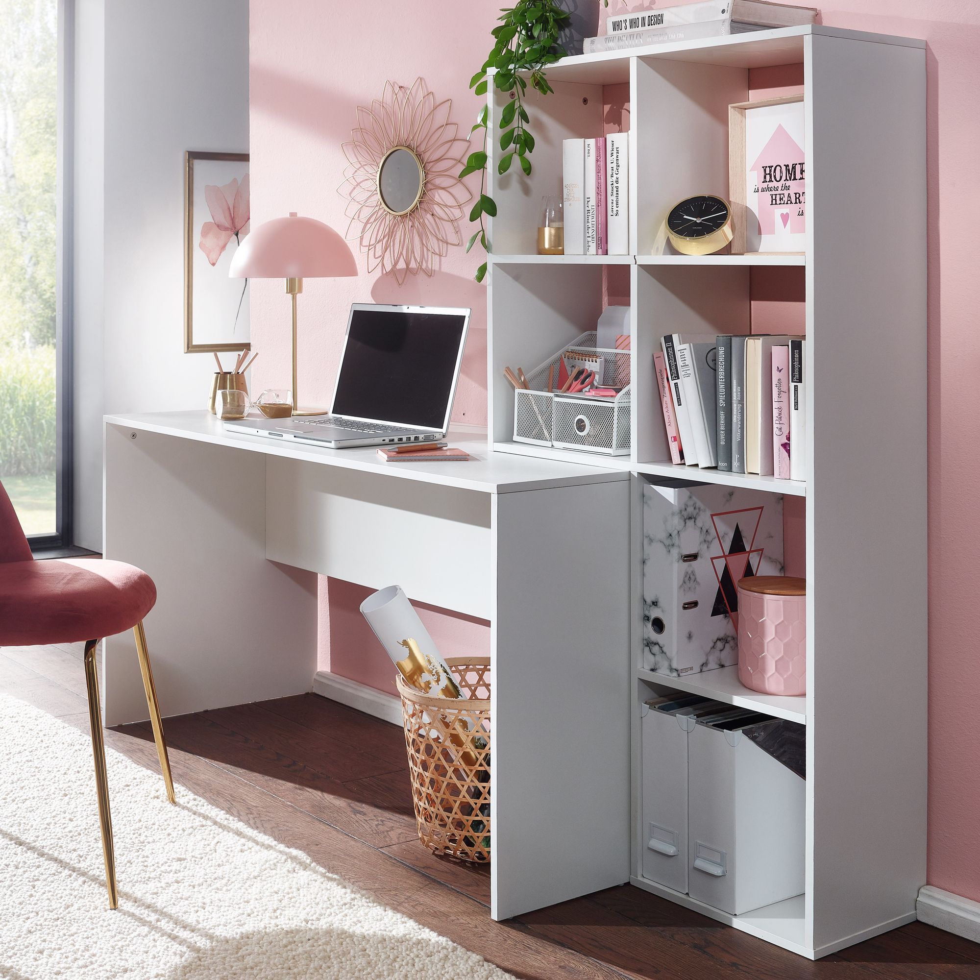 FineBuy Schreibtisch mit Regal Weiß 170x59x143,5 cm Bürotisch Modern, Laptoptisch mit 6 Ablagen, Homeoffice Computertisch mit Stauraum