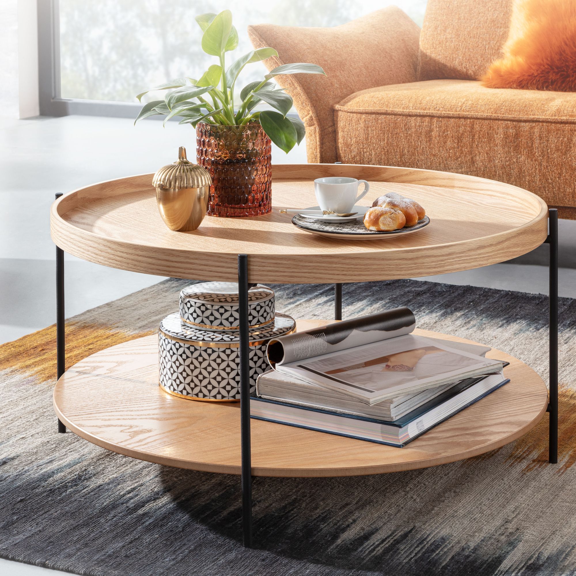 FineBuy Couchtisch Rund 80cm MDF Holz & Metall Skandinavisches Eiche Design – Moderner Wohnzimmertisch mit großer Ablage – Design Sofatisch für Wohnzimmer