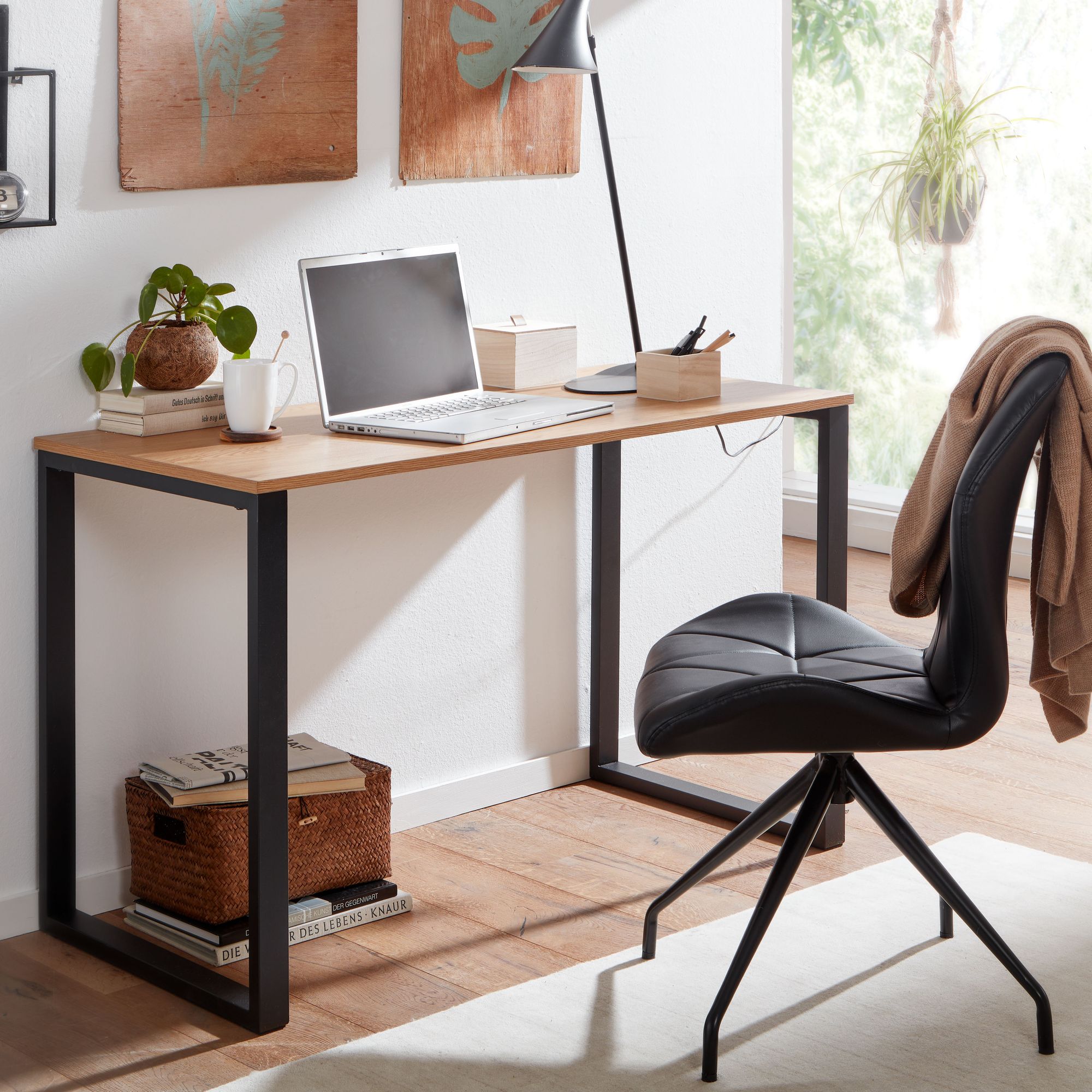 FineBuy Schreibtisch Eiche-Dekor / Schwarz 120x60x76 cm Design Computertisch, Homeoffice Bürotisch Klein Hell, Laptoptisch Arbeitszimmer mit Metallbeine