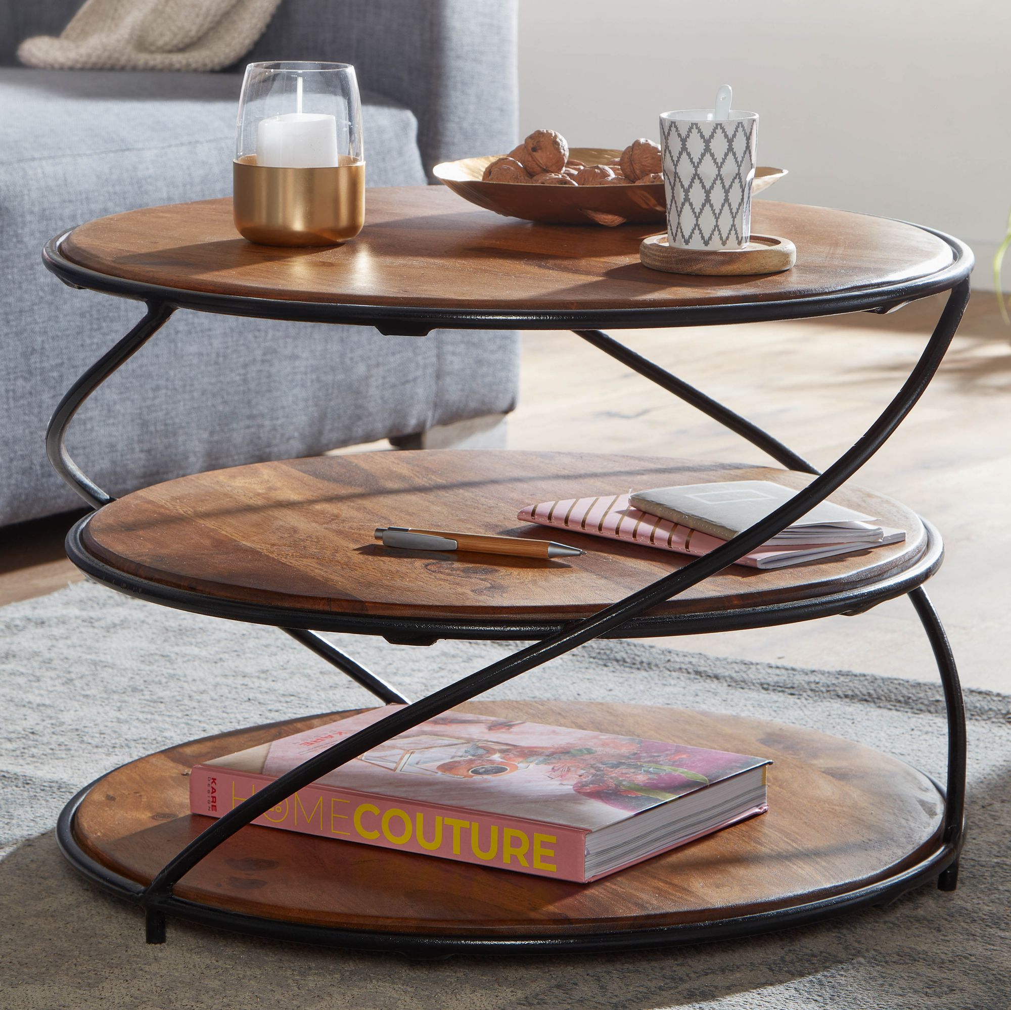 FineBuy Couchtisch Sheesham Massivholz rund Ø58 cm mit 3 Ablagen | Handgefertigter Wohnzimmertisch aus Holz & Metall | Design Beistelltisch im Industrial Stil
