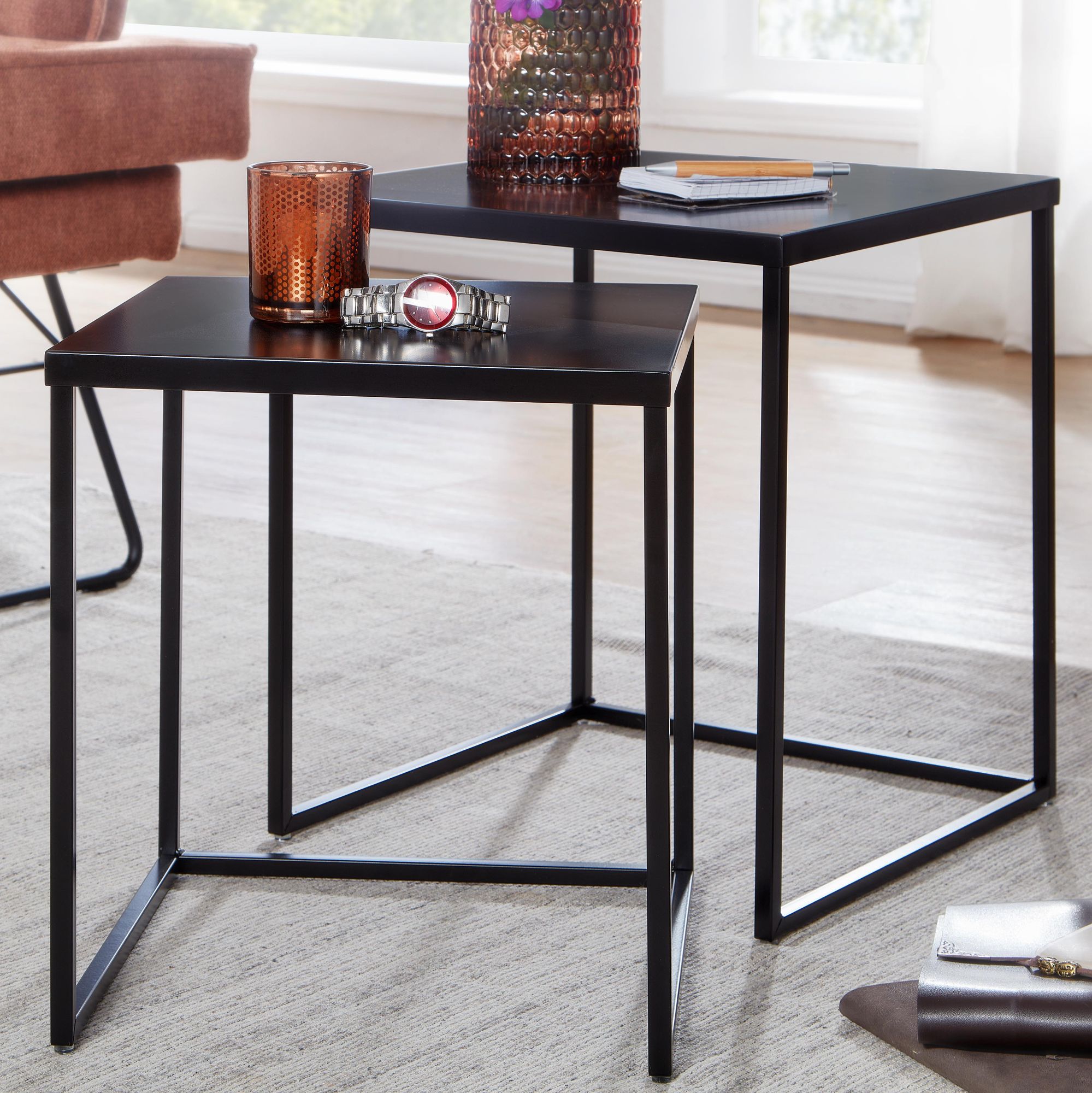 FineBuy Wohnzimmertisch 2er Set Metall Beistelltisch Eckig Schwarz, Design Beistelltisch Industrial, Sofatisch Couchtisch Quadratisch, Tischset 2-teilig Satztisch Stahl