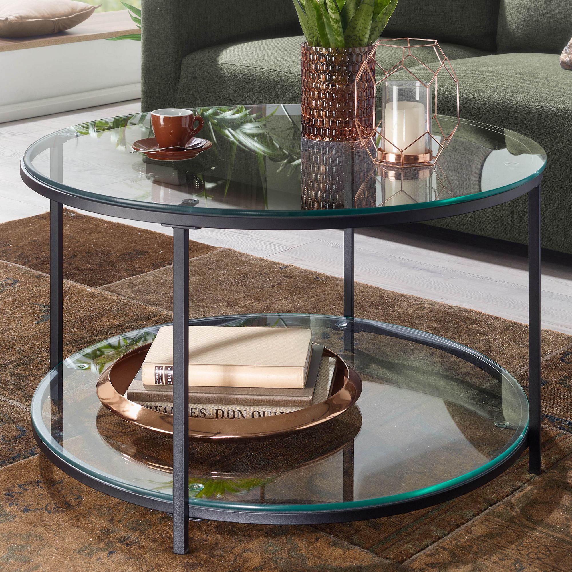 FineBuy Couchtisch 80x80x45 cm Glas / Metall Wohnzimmertisch Rund Modern, Sofatisch mit Stauraum, Loungetisch mit Ablagefach, Kaffeetisch Beistelltisch