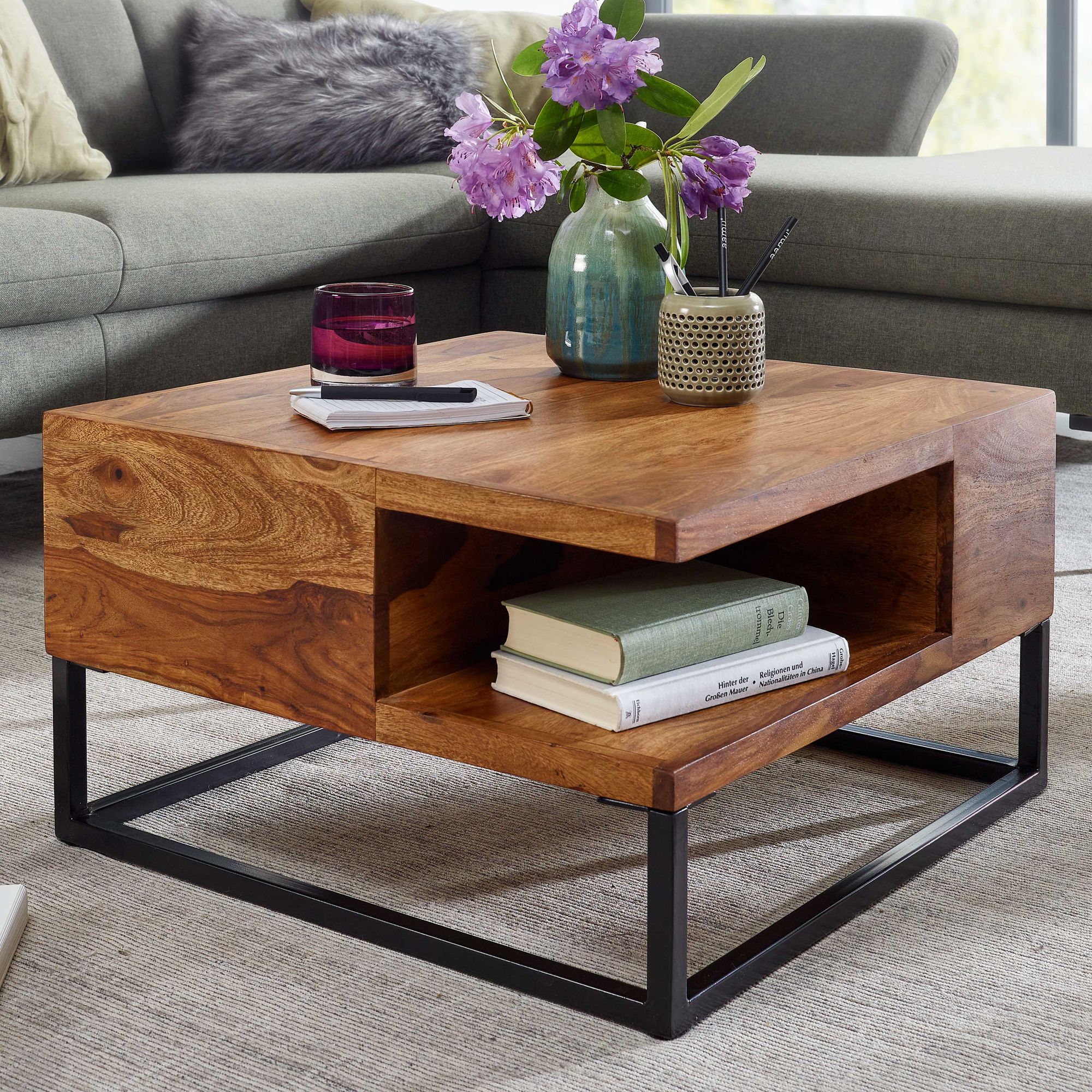 FineBuy Couchtisch 60x60x34,5 cm Sheesham Massivholz / Metall Sofatisch Eckig, Wohnzimmertisch mit Stauraum, Kaffeetisch Massiv, Kleiner Tisch Beistelltisch Wohnzimmer Modern Quadratisch