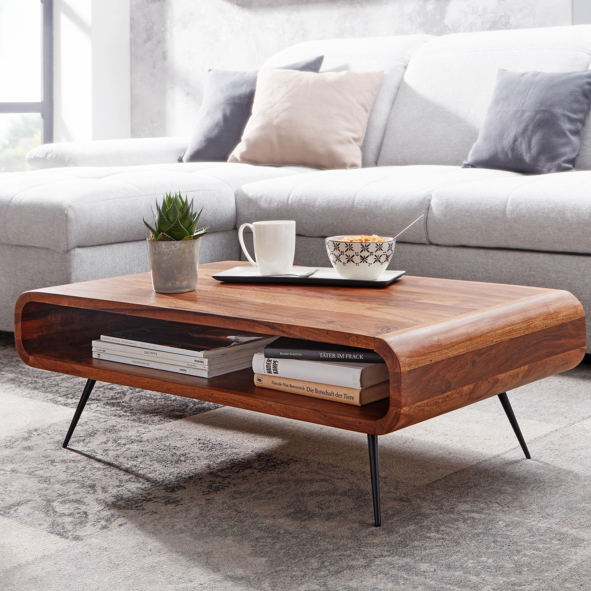 FineBuy Couchtisch Sheesham Massivholz 90 cm – Wohnzimmertisch mit Ablage im Retro Design | Handgefertigter Holztisch mit klarlackversiegelter Oberfläche