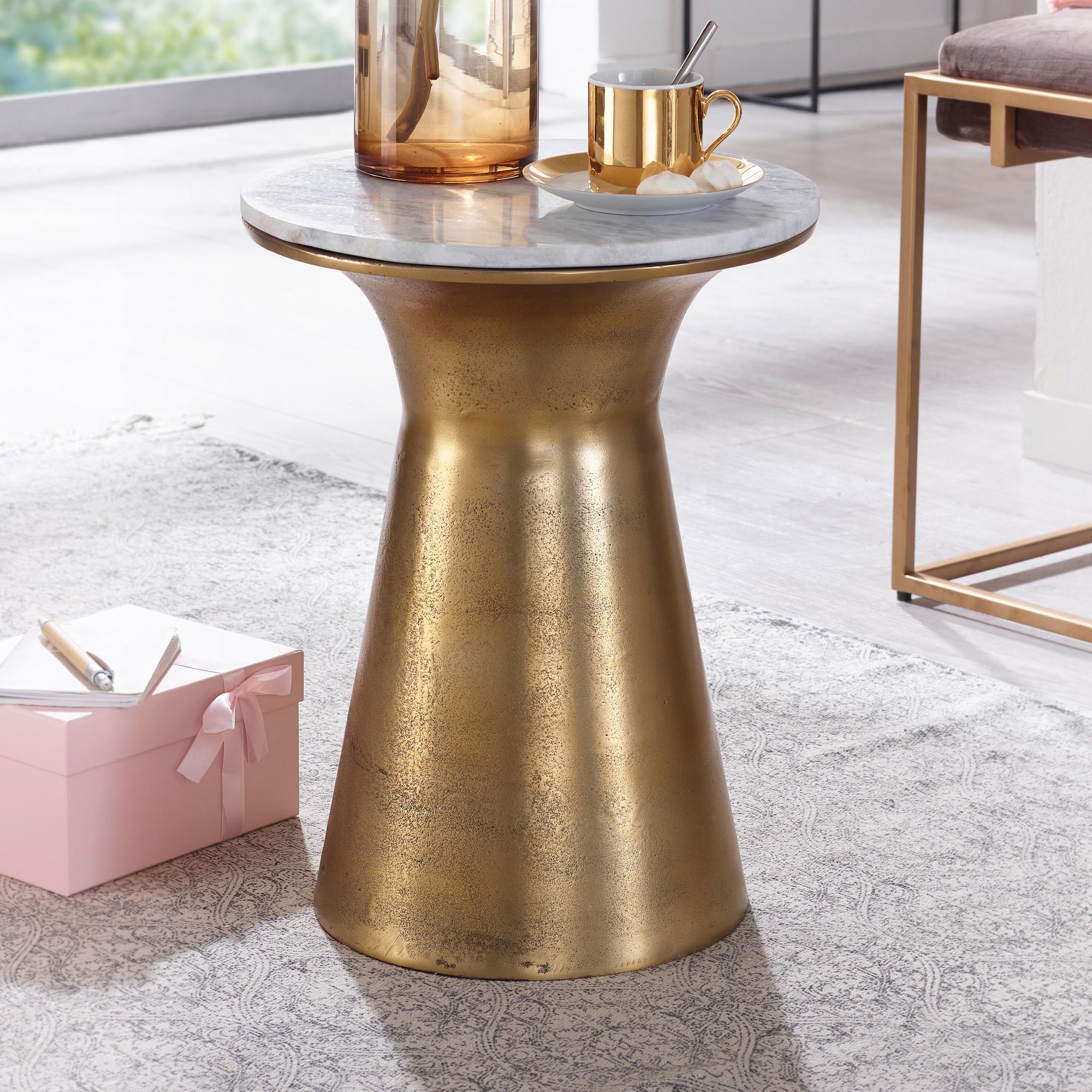 FineBuy Beistelltisch Echter Marmor Weiß 35x35x45 cm Anstelltisch Metall Gold, Kleiner Sofatisch Rund, Wohnzimmertisch Couch Modern, Couchtisch Hoch