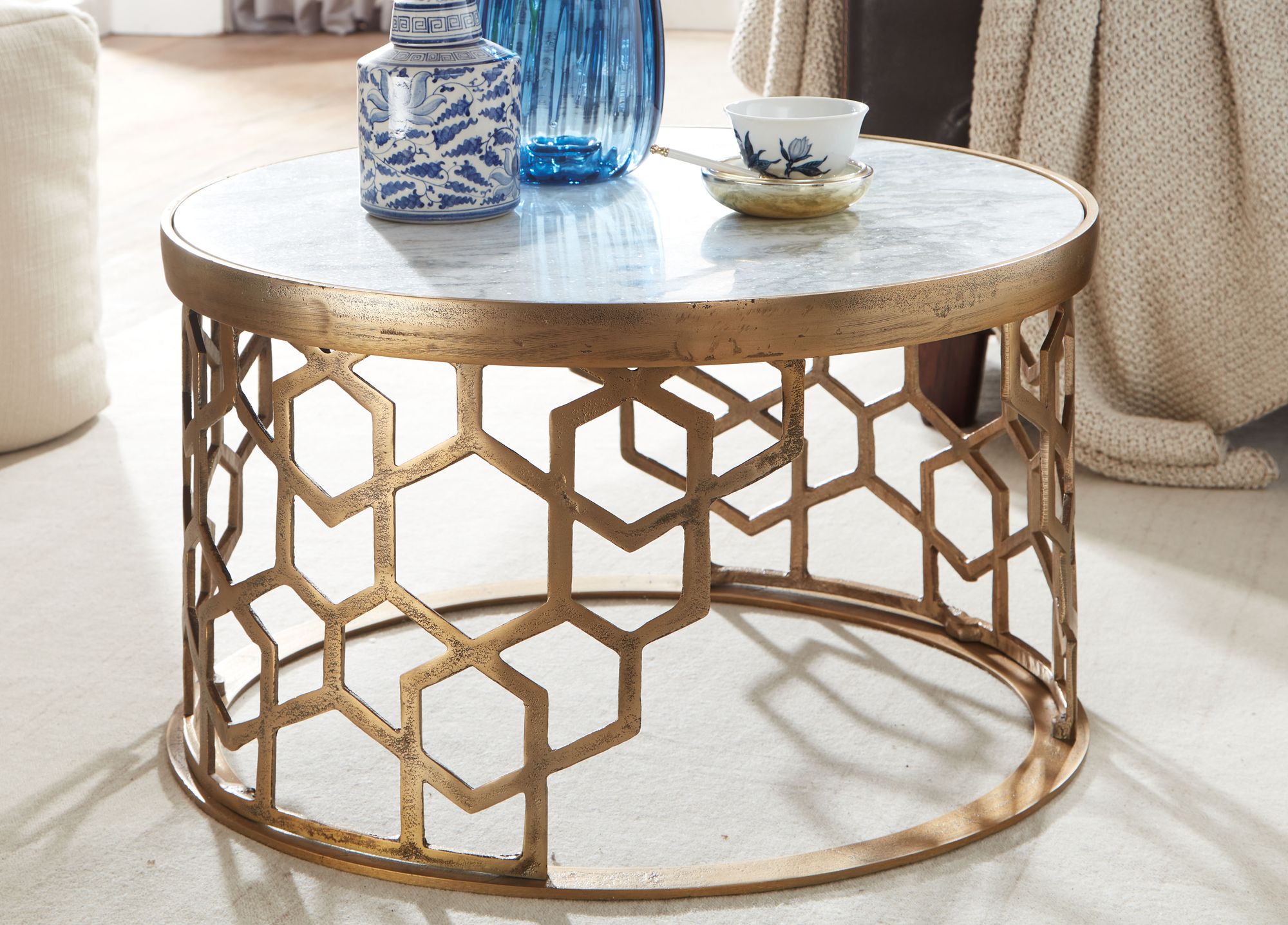FineBuy Couchtisch Echter Marmor Weiß 60x60x36 cm Sofatisch Metall Gold, Design Wohnzimmertisch Rund, Kleiner Kaffeetisch Modern, Beistelltisch Anstelltisch Wohnzimmer