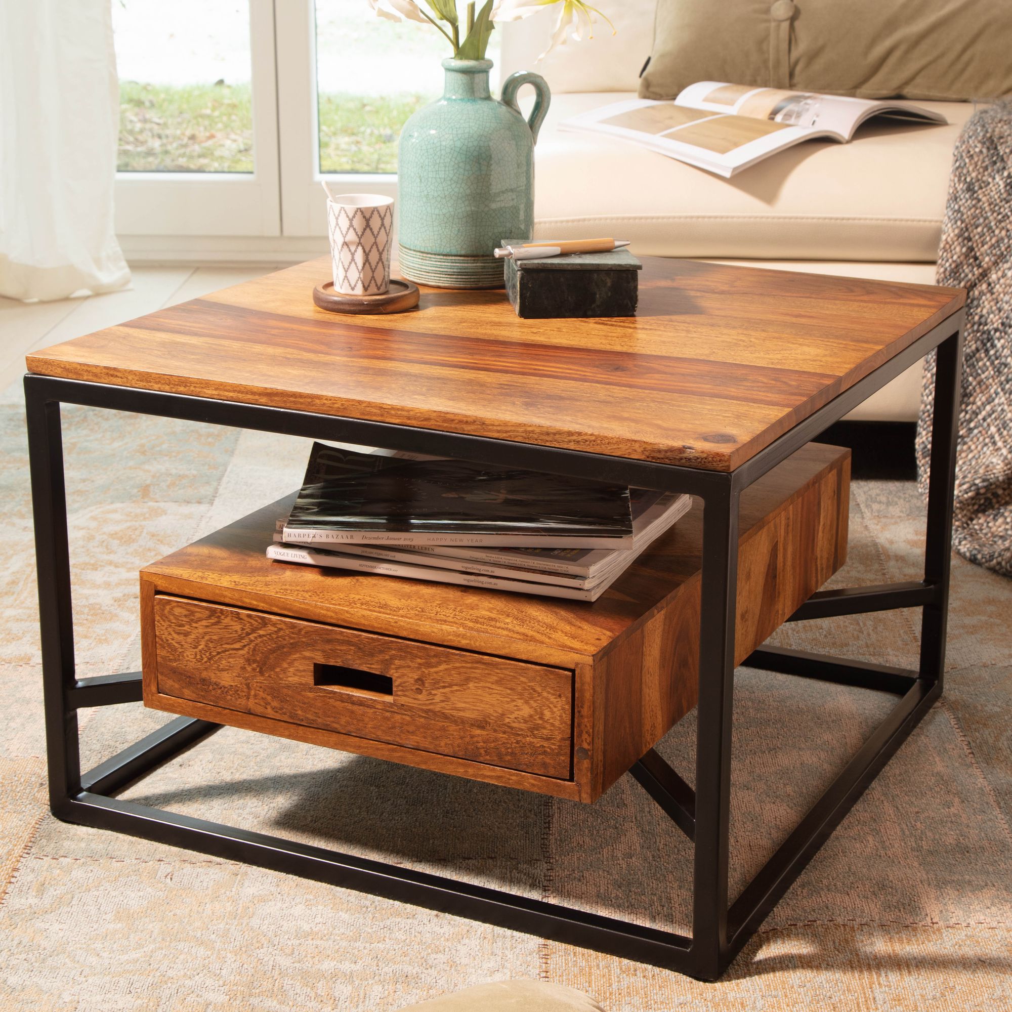FineBuy Couchtisch 60x60x40 cm Sheesham Massivholz / Metall Sofatisch Quadratisch, Design Wohnzimmertisch Kaffeetisch Massiv mit Schublade, Kleiner Tisch Beistelltisch Wohnzimmer Modern