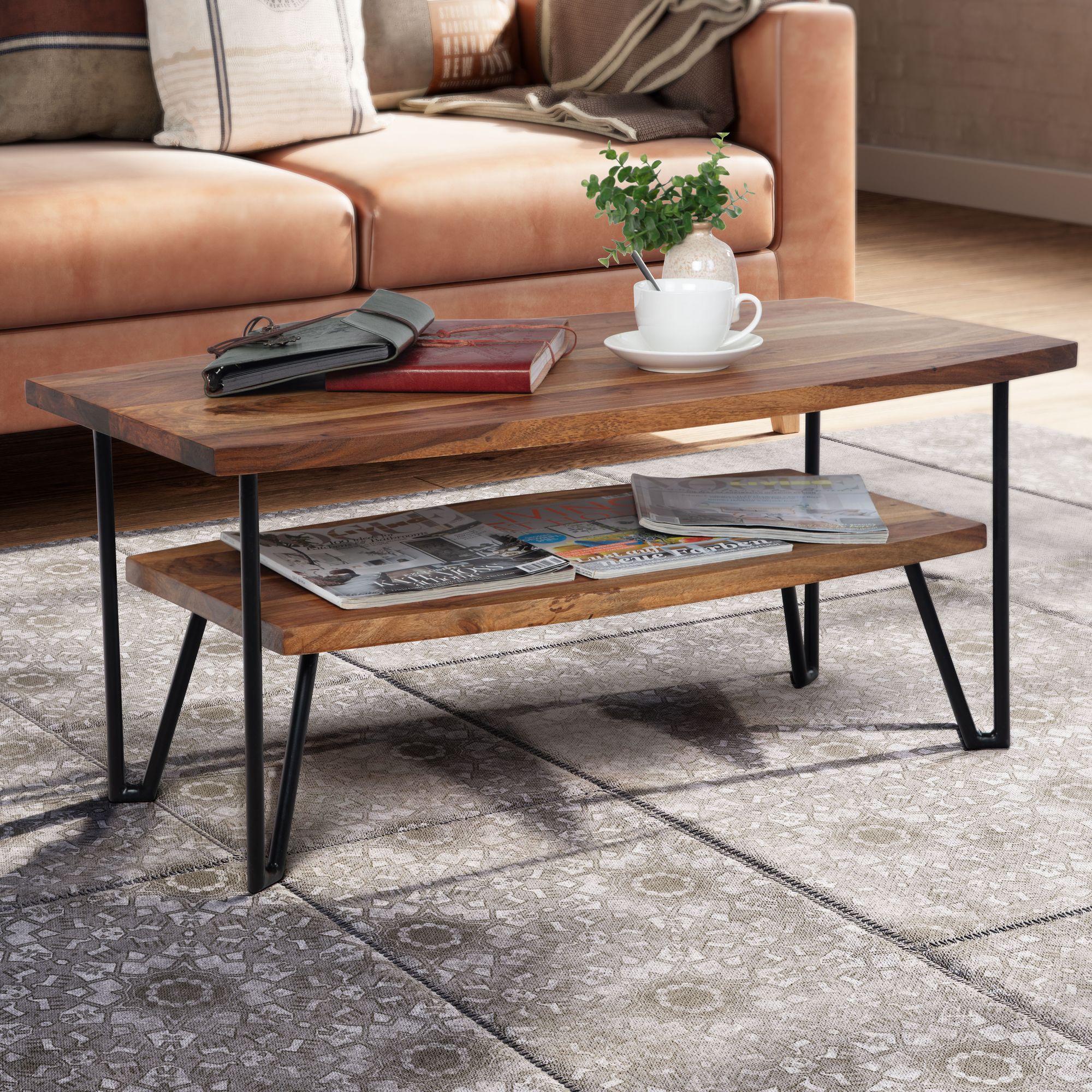 FineBuy Couchtisch 90x50x40 cm Sheesham Massivholz / Metall Sofatisch Rechteckig, Design Wohnzimmertisch Kaffeetisch mit Stauraum, Holztisch Wohnzimmer Industrial Vierrund