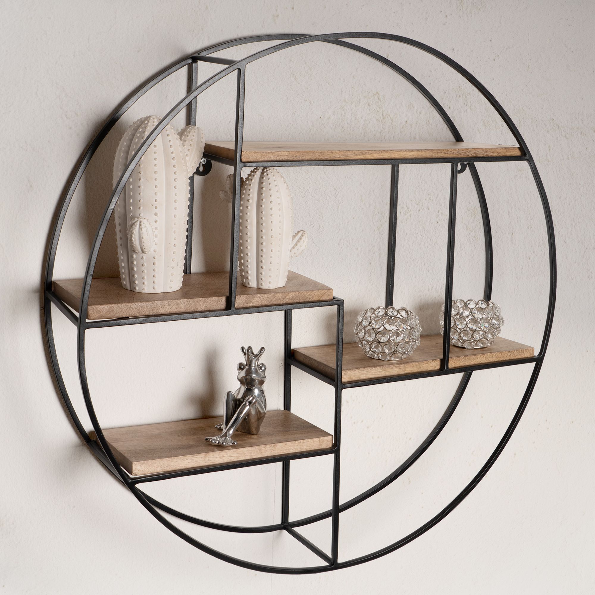 FineBuy Wandregal 70x70x18 cm Mango Massivholz / Metall Hängeregal Rund, Kleines Design Schweberegal Industrial, Regal Hängend Wohnzimmer, Bücherregal Wand