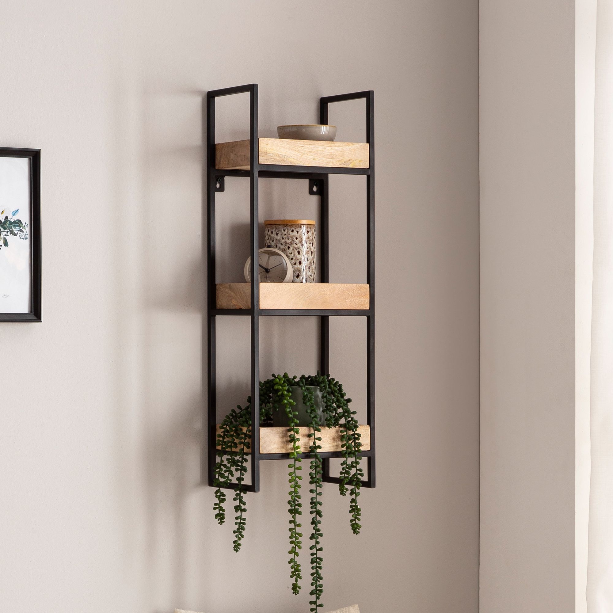 FineBuy Wandregal 27x77x18 cm Mango Massivholz / Metall Hängeregal Industrial, Design Schweberegal Rechteckig, Regal Hängend Wohnzimmer, Tablettregal Wand mit 3 Ablagen & Metallrahmen