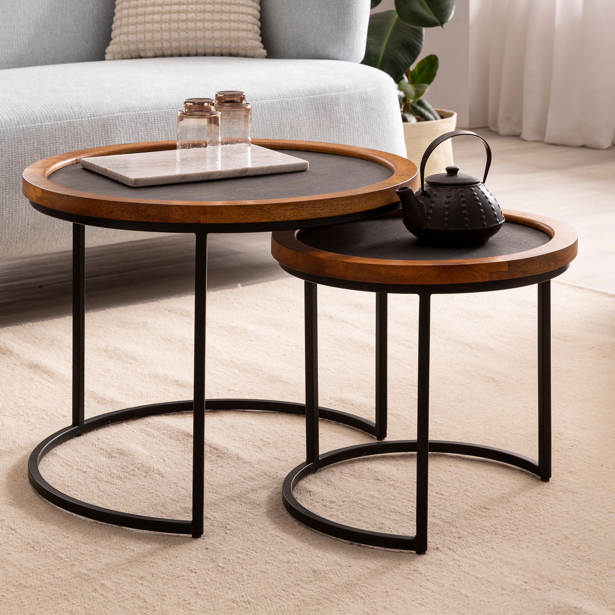 FineBuy Couchtisch 2er Set Mango Massivholz / Steinoptik Wohnzimmertisch Rund, Satztisch mit Metallgestell, Kaffeetisch Modern, Sofatisch Verschachtelungstisch 2-teilig Braun / Anthrazit