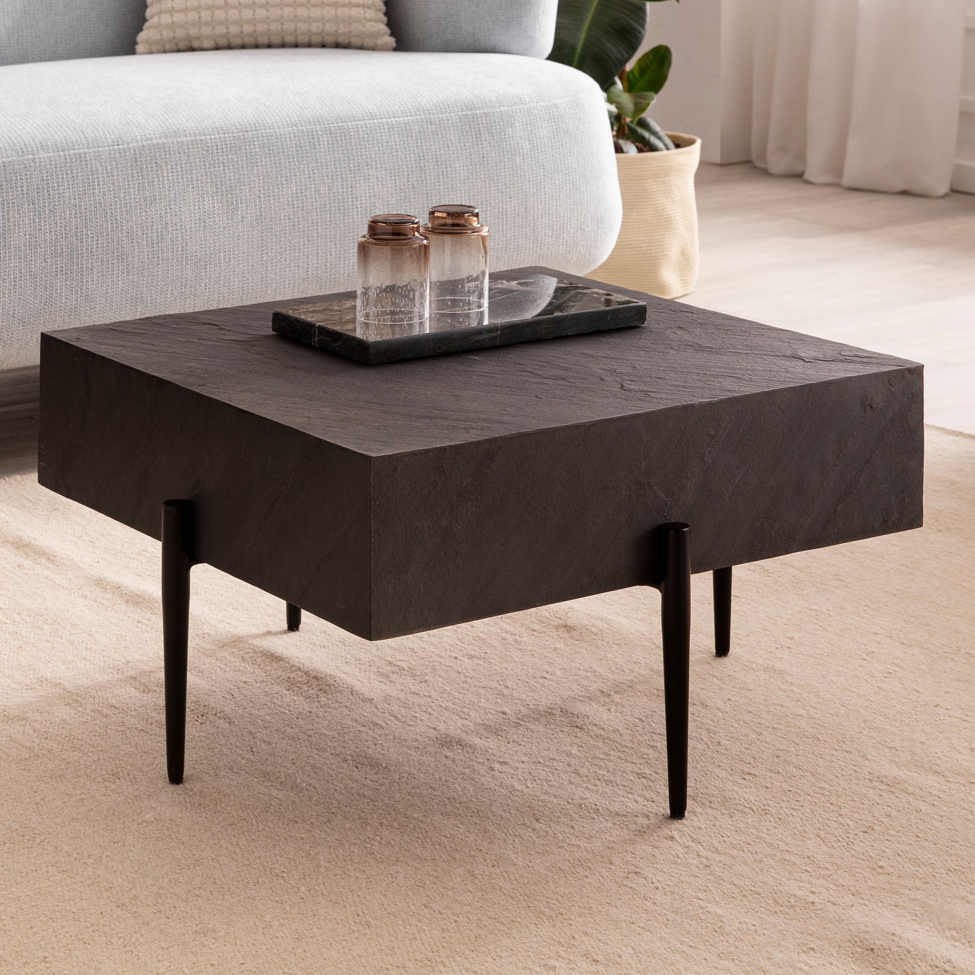 FineBuy Couchtisch 64x64x35 cm Steinoptik / Metall Sofatisch Anthrazit Quadratisch, Design Wohnzimmertisch Kaffeetisch Massiv, Tisch Wohnzimmer Modern