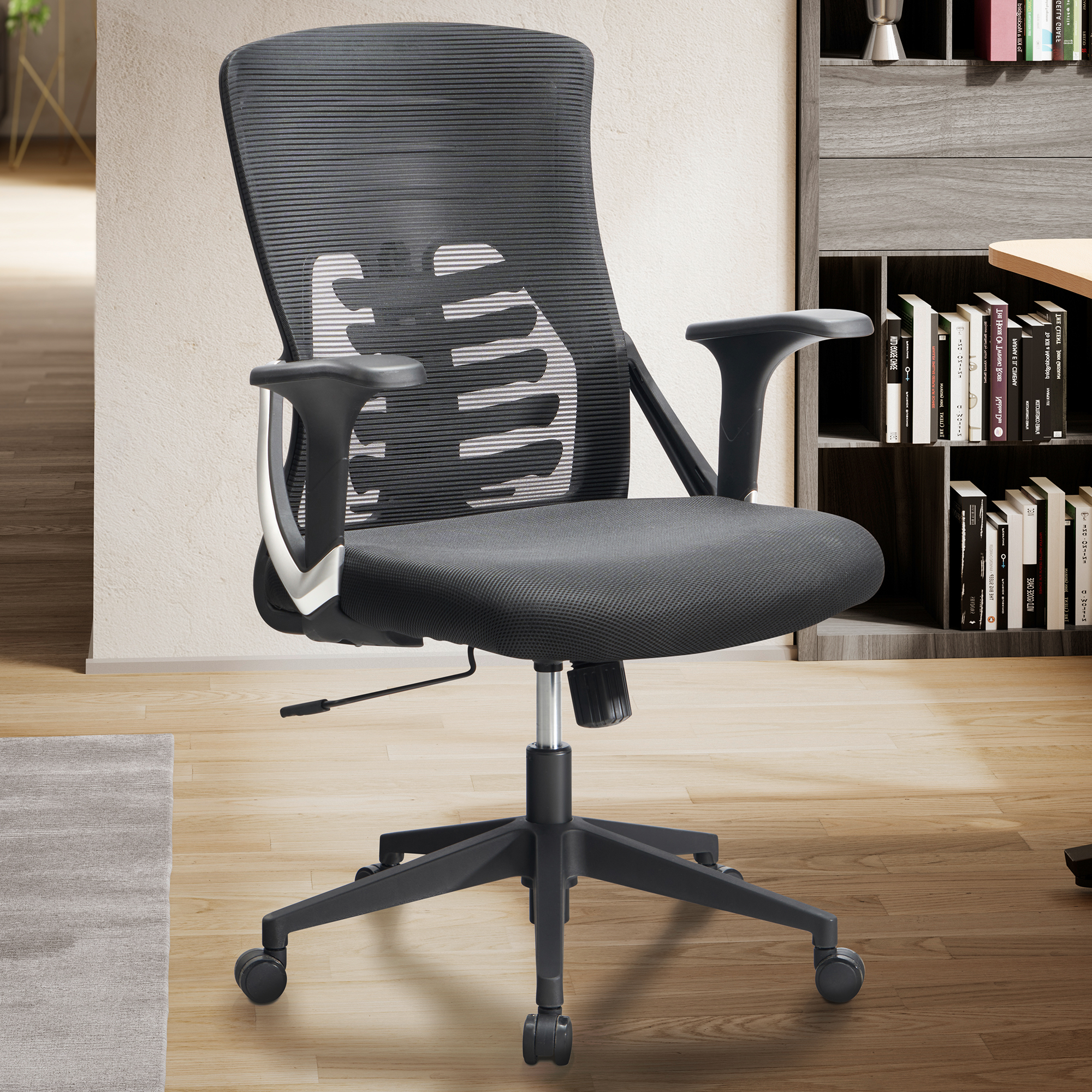 FineBuy Bürostuhl Mesh-Bezug Schreibtischstuhl bis 120 kg, Drehstuhl höhenverstellbar mit Lendenwirbelstütze, Stoff-Schreibtischsessel ergonomisch mit Armlehnen & Wippfunktion