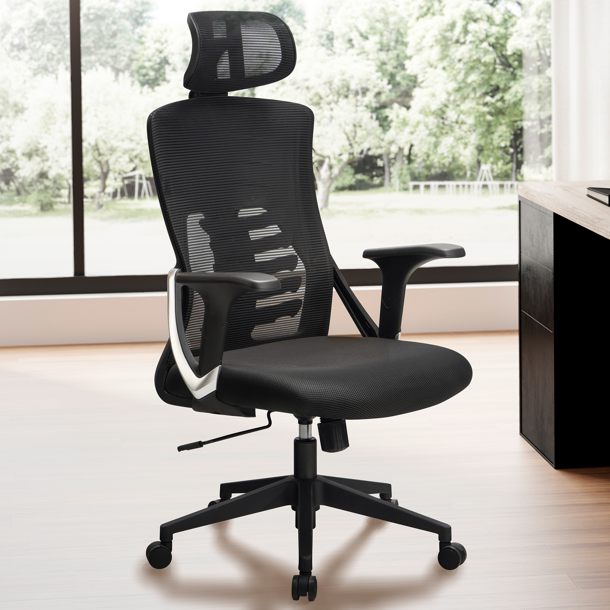 FineBuy Bürostuhl Schwarz Mesh-Bezug Schreibtischstuhl bis 120 kg mit Kopfstütze, Drehstuhl höhenverstellbar mit Lendenwirbelstütze, Stoff-Schreibtischsessel ergonomisch mit Wippfunktion