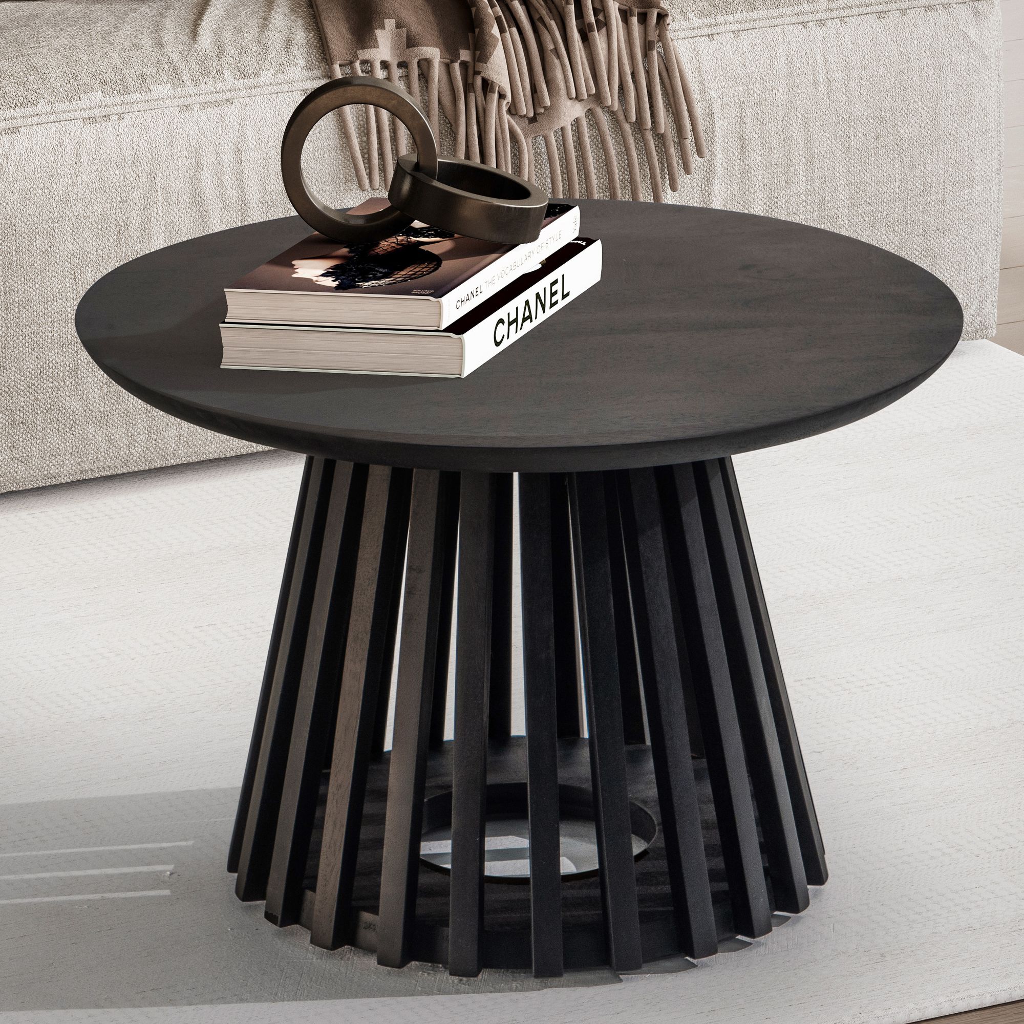 FineBuy Couchtisch Mango Massivholz rund Ø 60 cm Schwarz · Moderner Wohnzimmertisch mit offenem Gittergestell · Handgefertigter Sofatisch im Fächer Japandi Design aus Echtholz