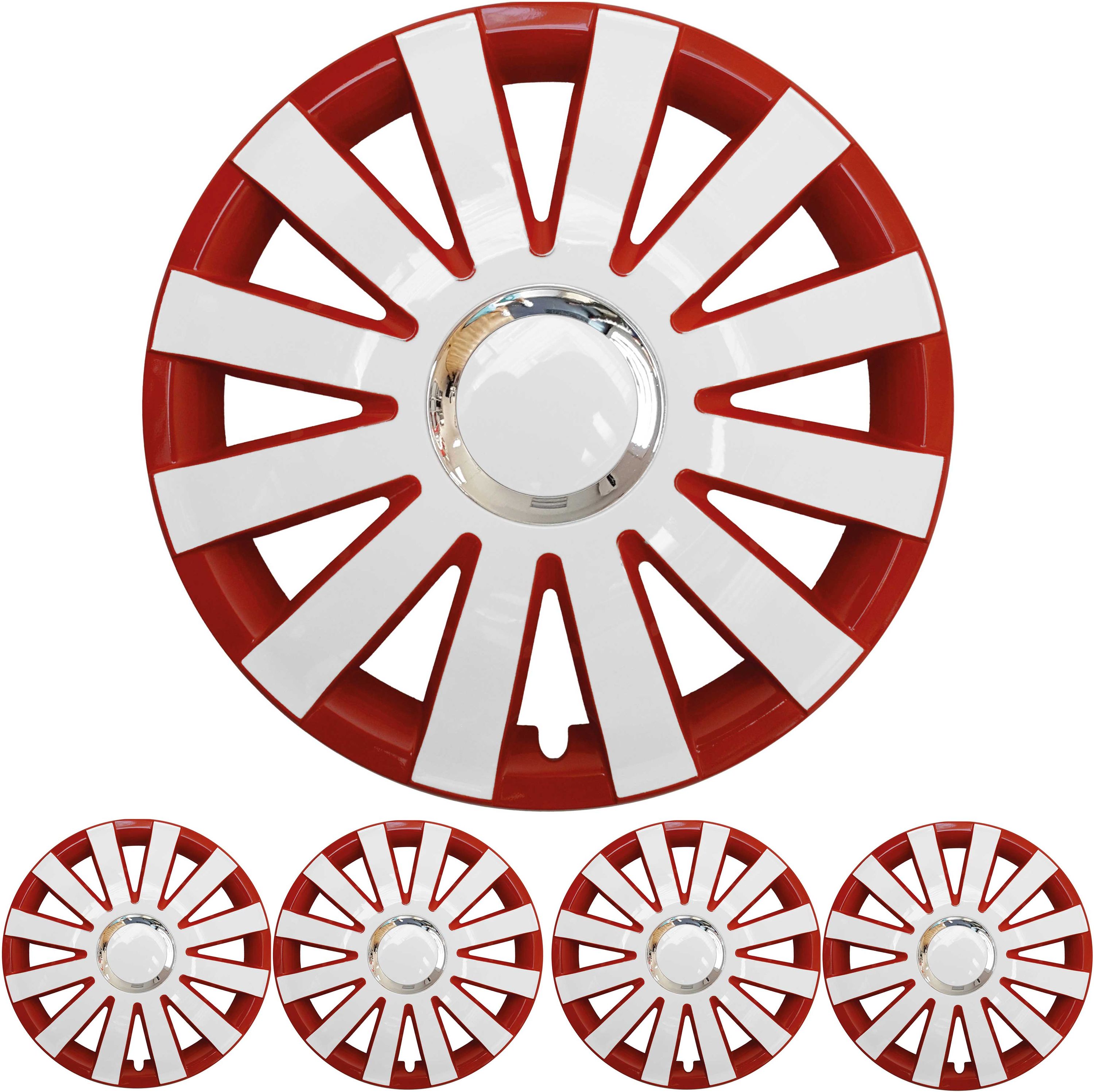 4x PREMIUM DESIGN Radkappen Radzierblenden Set 'Onyx' 15 ZOLL in Rot / Weiß