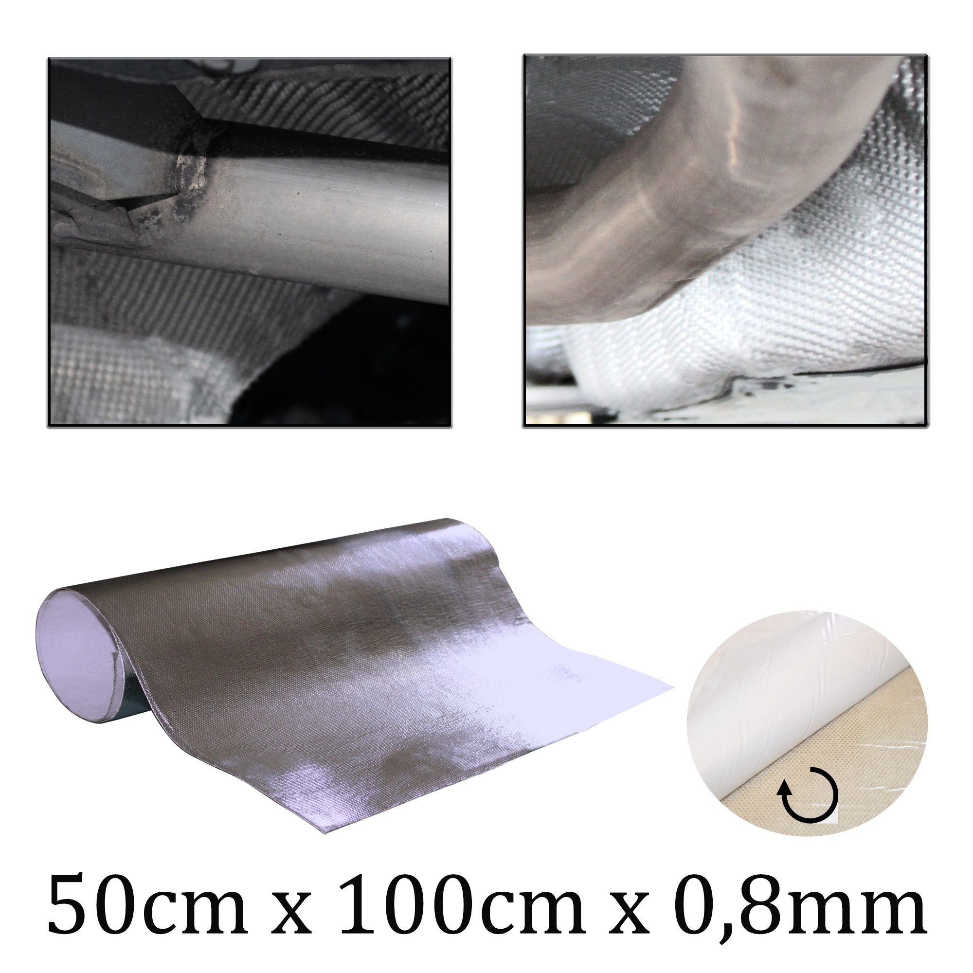Auspuff Thermo Hitzeschutz Matte 50 x 100 cm x 0,8 mm Alu Keramik selbstklebend Hitzefest bis max 500°C