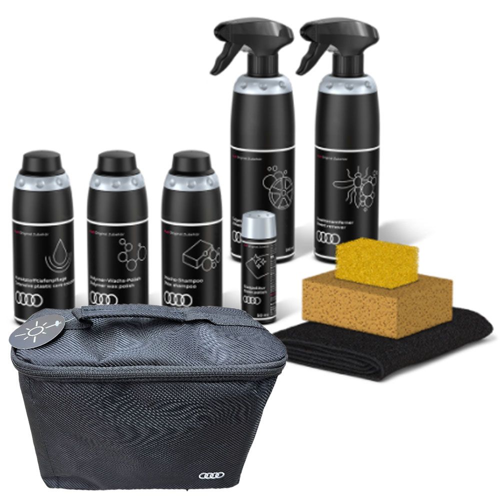Original Audi Sommer Pflegemittel Tasche Felgenreiniger Wachs Shampoo Glaspolitur Kunststoff Pflege Mikrofasertuch Schwamm