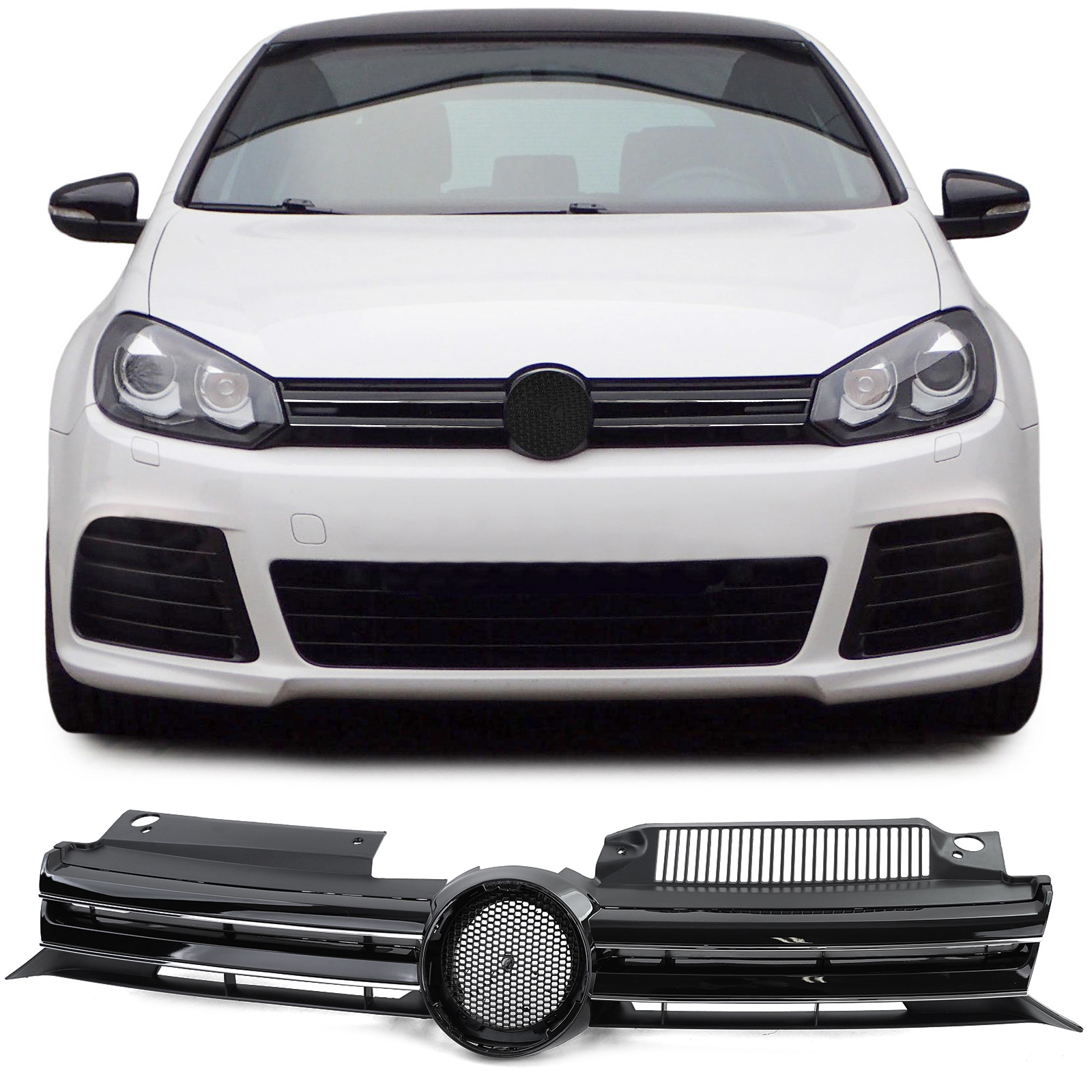 Kühlergrill Sportgrill Grill mit Chrom Leiste in Schwarz Glanz für VW Golf 6 VI auch GTI 08-13