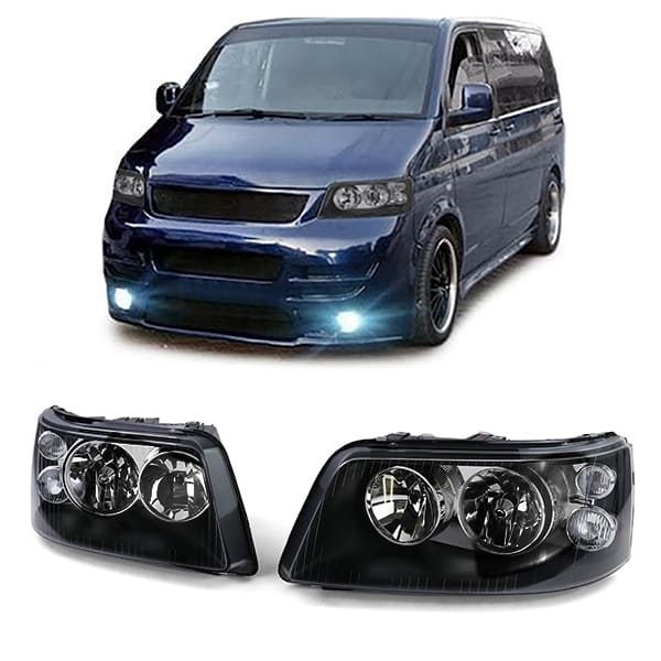 Klarglas H7 H1 Scheinwerfer Schwarz mit LWR Motor für VW Bus T5 2003-2009