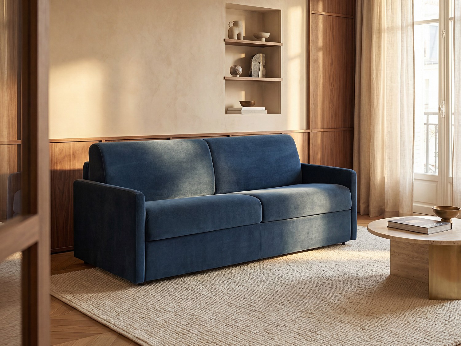 Schlafsofa 3-Sitzer - Liegefläche: 140 cm - Matratzenhöhe: 14 cm - Samt - Dunkelblau - CALIFE