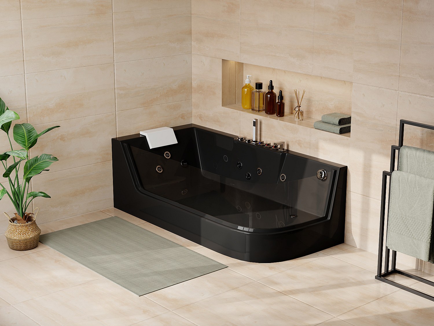 Whirlpool Eckwanne mit Hydromassage - 1 Person - 263 L - Ecke Links - Schwarz - ARIA