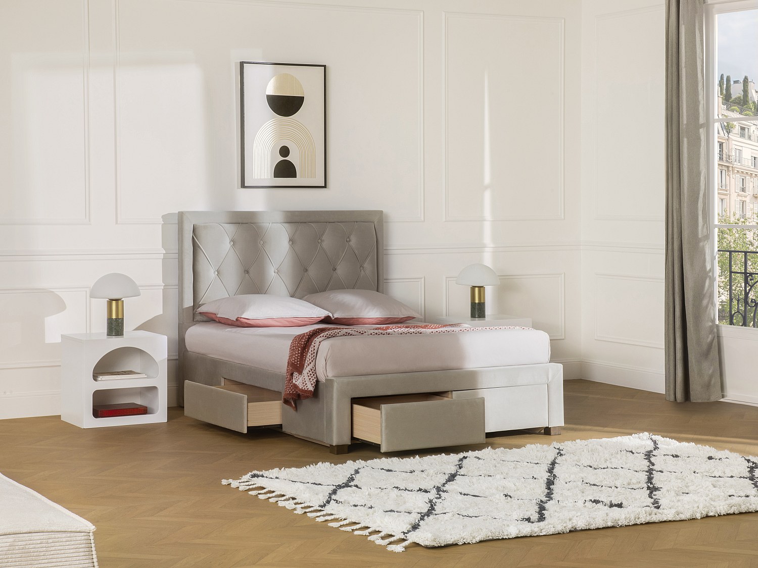 Polsterbett mit Schubladen - 180 x 200 cm - Samt - beige - LEOPOLD