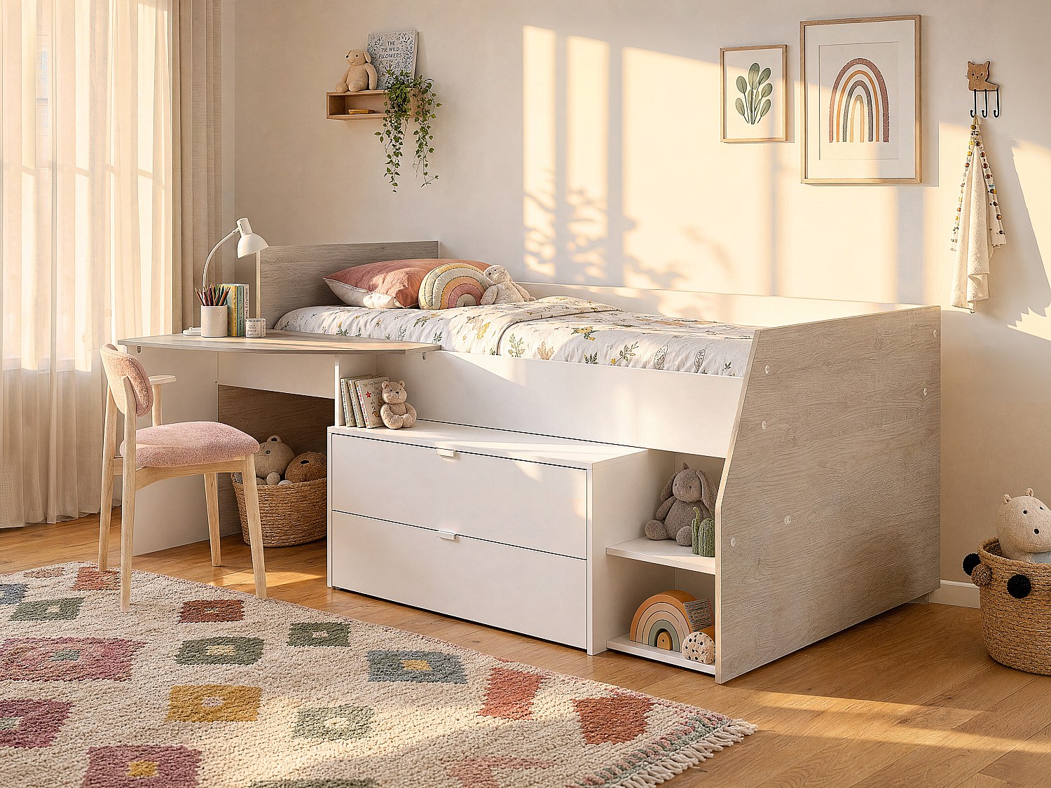 Kinderbett mit Schreibtisch & Stauraum - 90 x 190/200 cm - Weiß & Naturfarben - GISELE