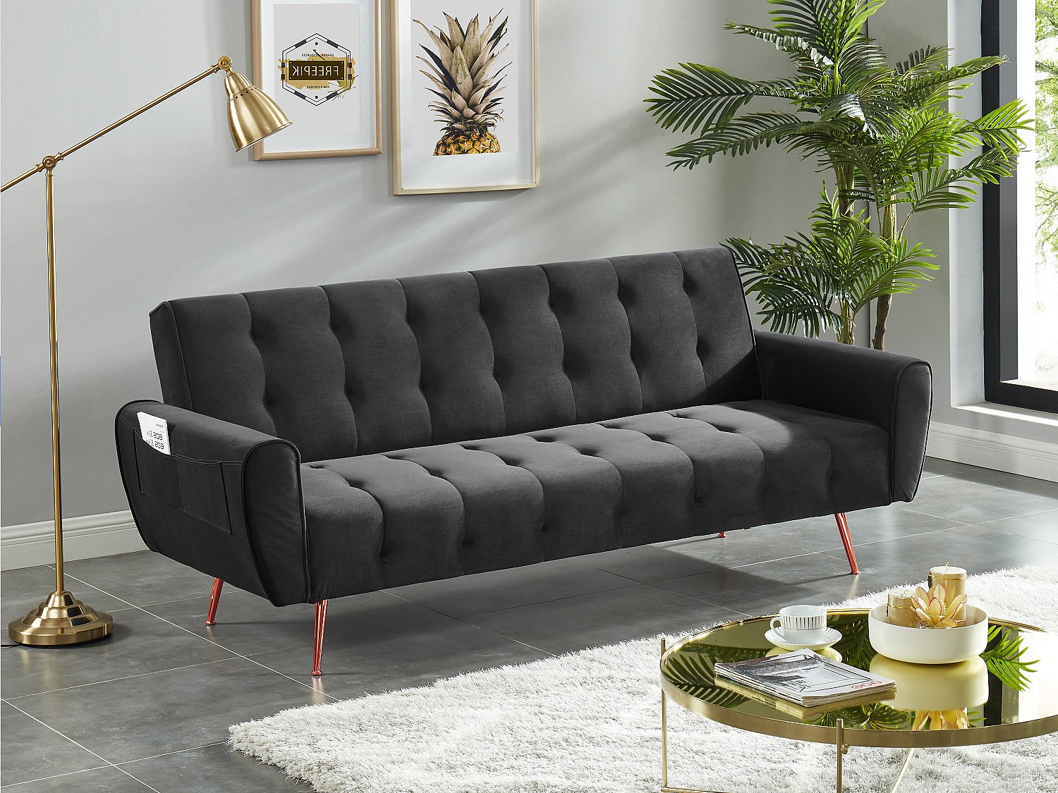 Schlafsofa Klappsofa 3-Sitzer - Samt - Anthrazit - POLANI