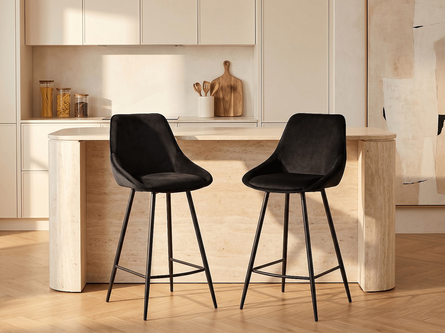 Barhocker 2er-Set - Samt - Schwarz - MASURIE