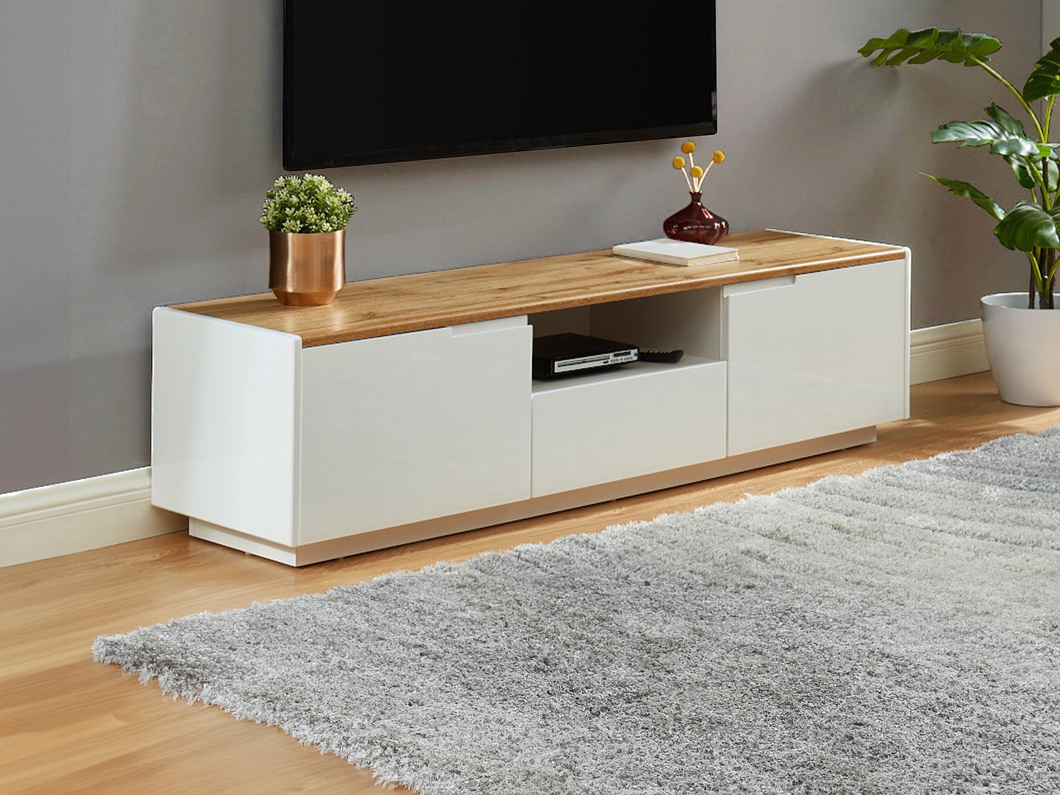 TV-Möbel mit 2 Türen & 1 Schublade - MDF lackiert - Weiß & Eichefarben - AMANI