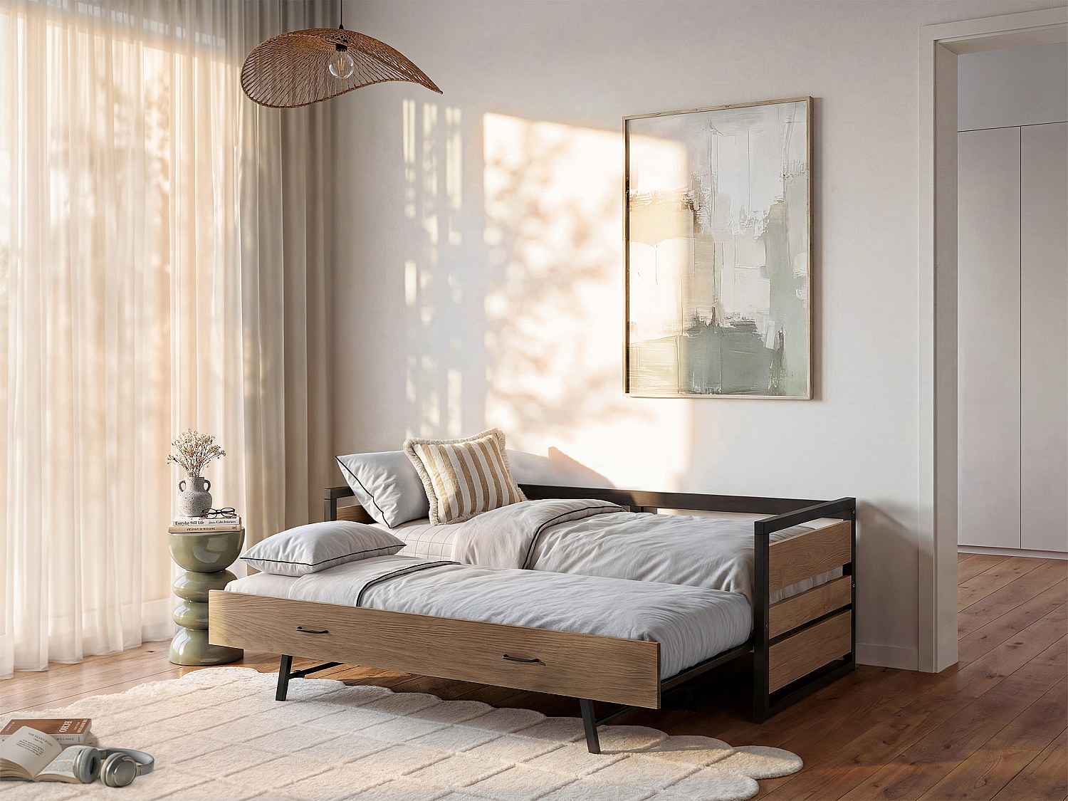 Ausziehbett + Matratzen - 2 x 90 x 190 cm - MDF, Kiefernholz & Metall - Nussbaumfarben & Anthrazit - BOSTON