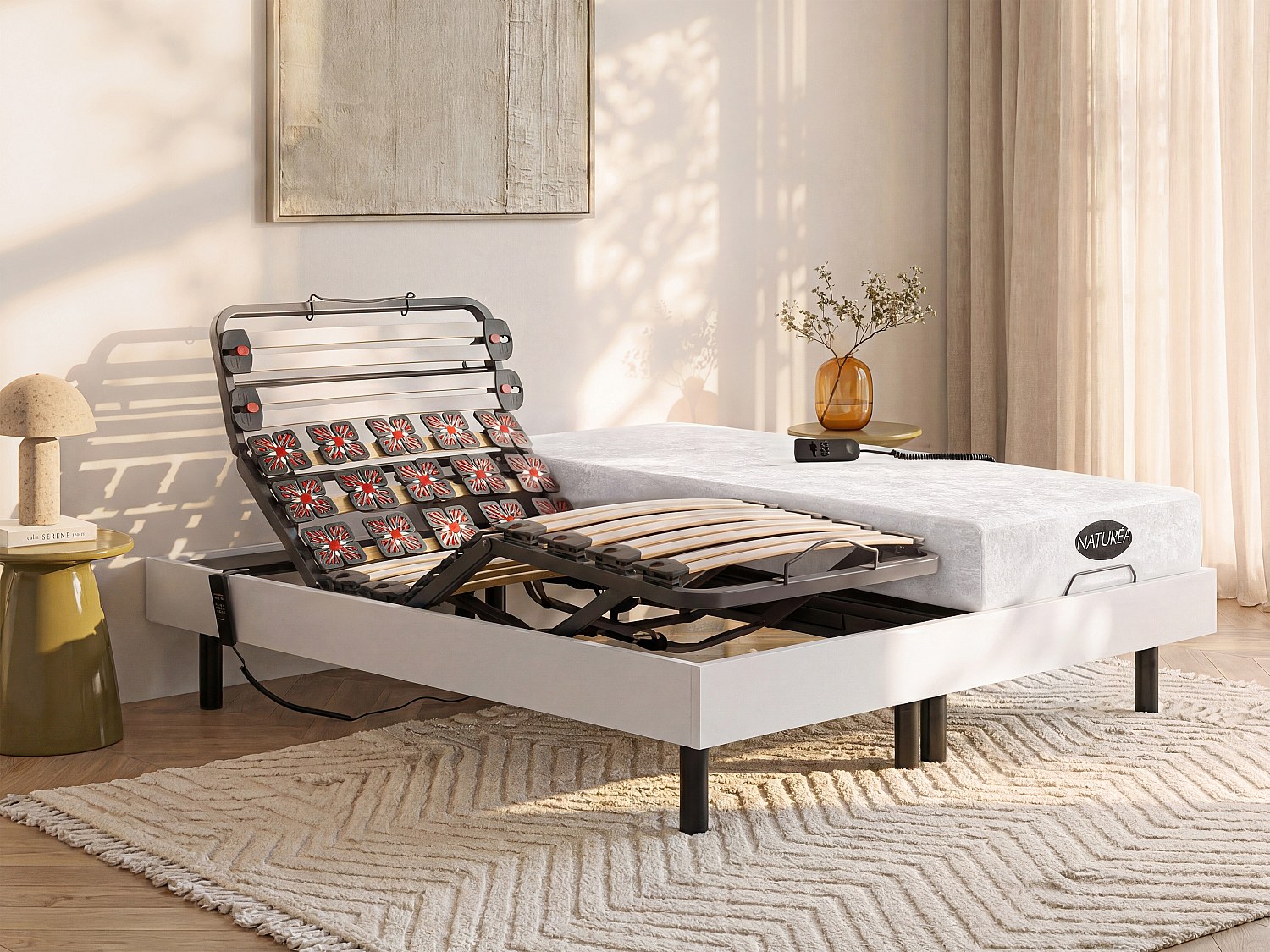 Relaxbett elektrisch - Matratzen mit Memory Schaum & Bambus - DAMYSOS von NATUREA - mit OKIN-Motor - 2 x 80 x 200 cm - Weiß