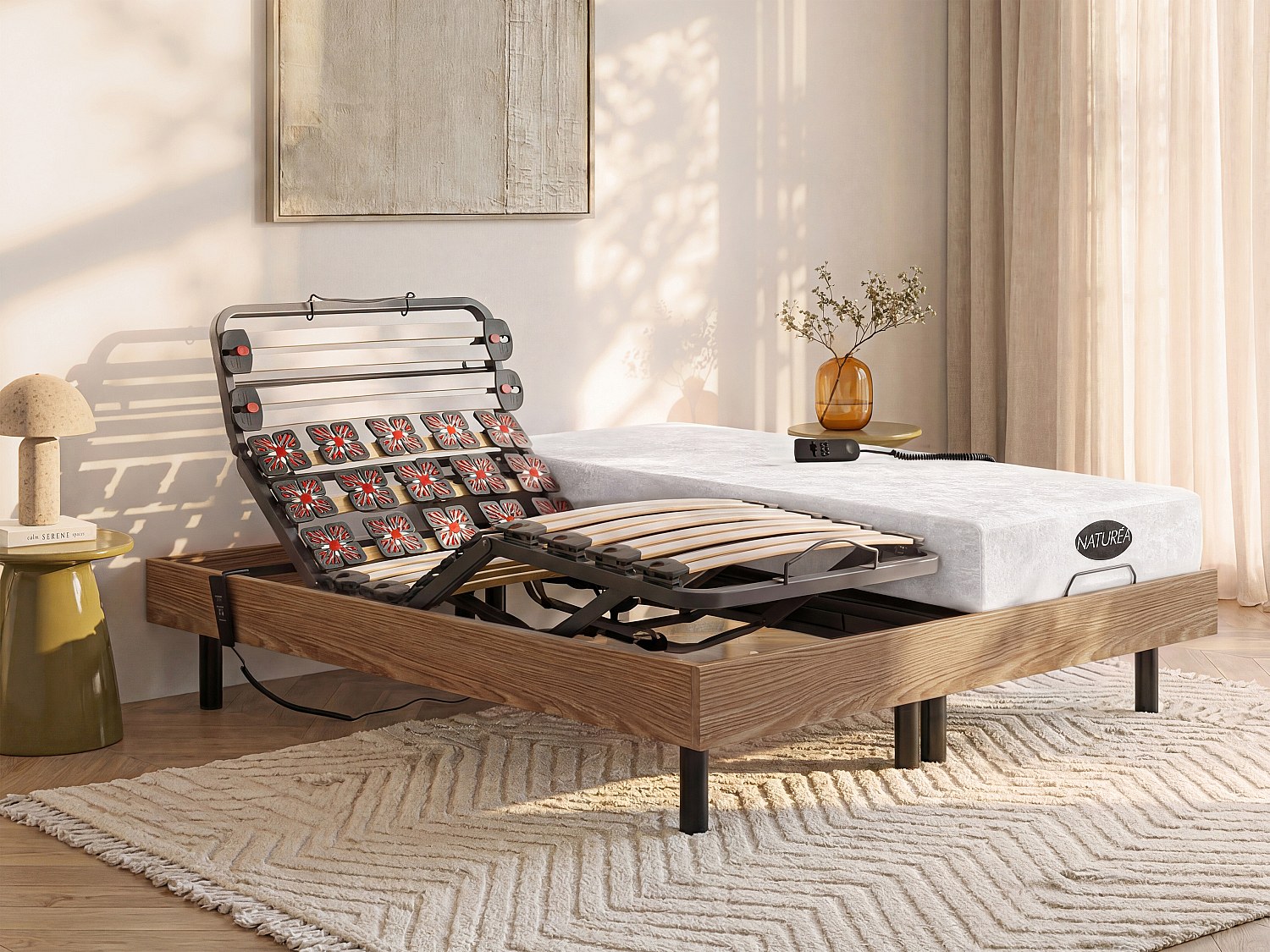 Relaxbett elektrisch - Matratzen mit Memory Schaum & Bambus - DAMYSOS von NATUREA - mit OKIN-Motor - 2 x 80 x 200 cm - Holzfarben