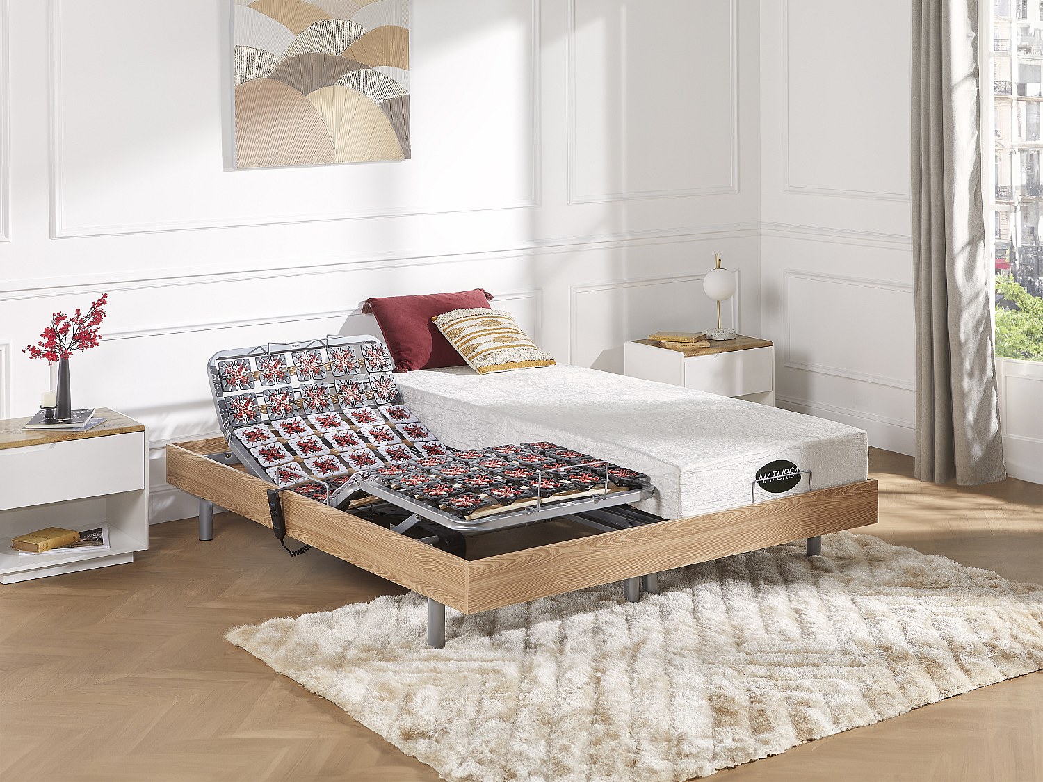 Relaxbett elektrisch - Matratzen mit Memory Schaum & Bambus - LYSIS III von NATUREA - mit OKIN-Motor - 2 x 70 x 190 cm - Holzfarben