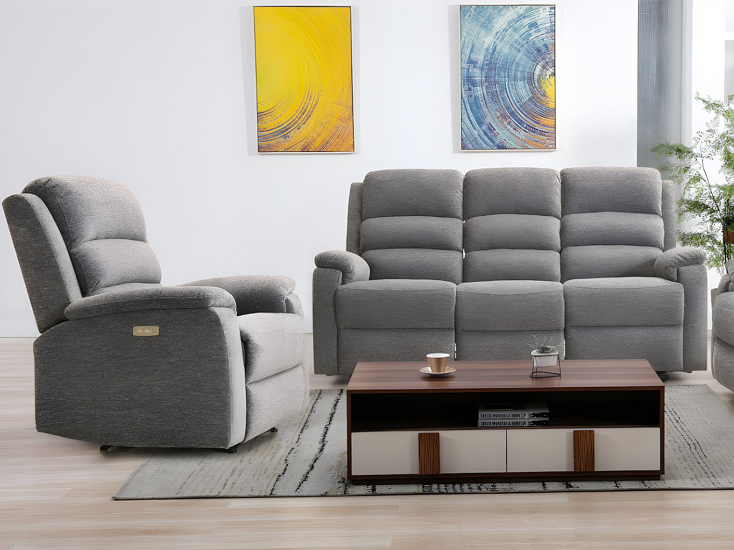 Couchgarnitur mit elektrischer Relaxfunktion 3+1 - Stoff - Grau - NEVERS