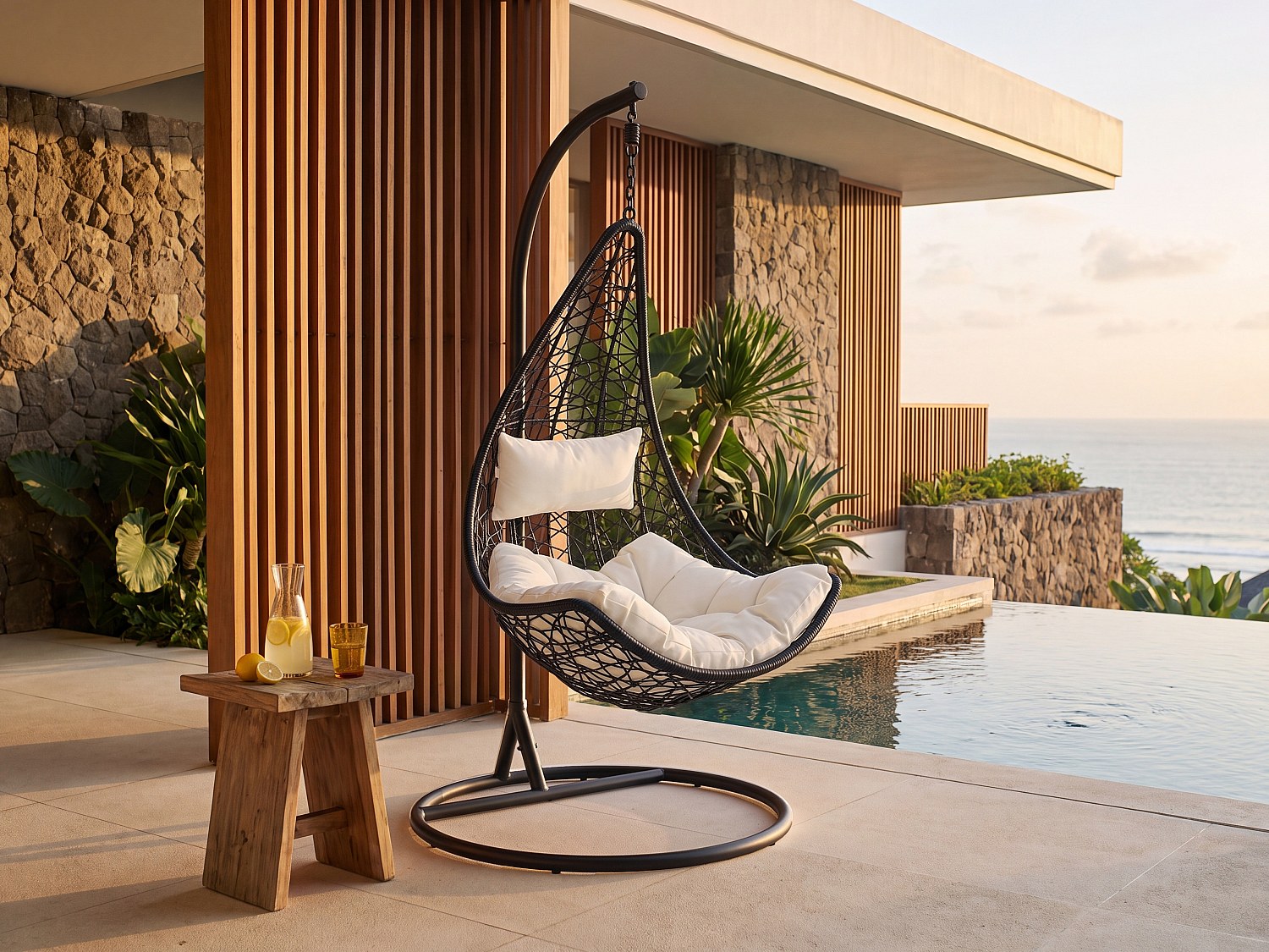 Hängesessel - Polyrattan - Schwarz mit weißen Kissen - OROSI von MYLIA