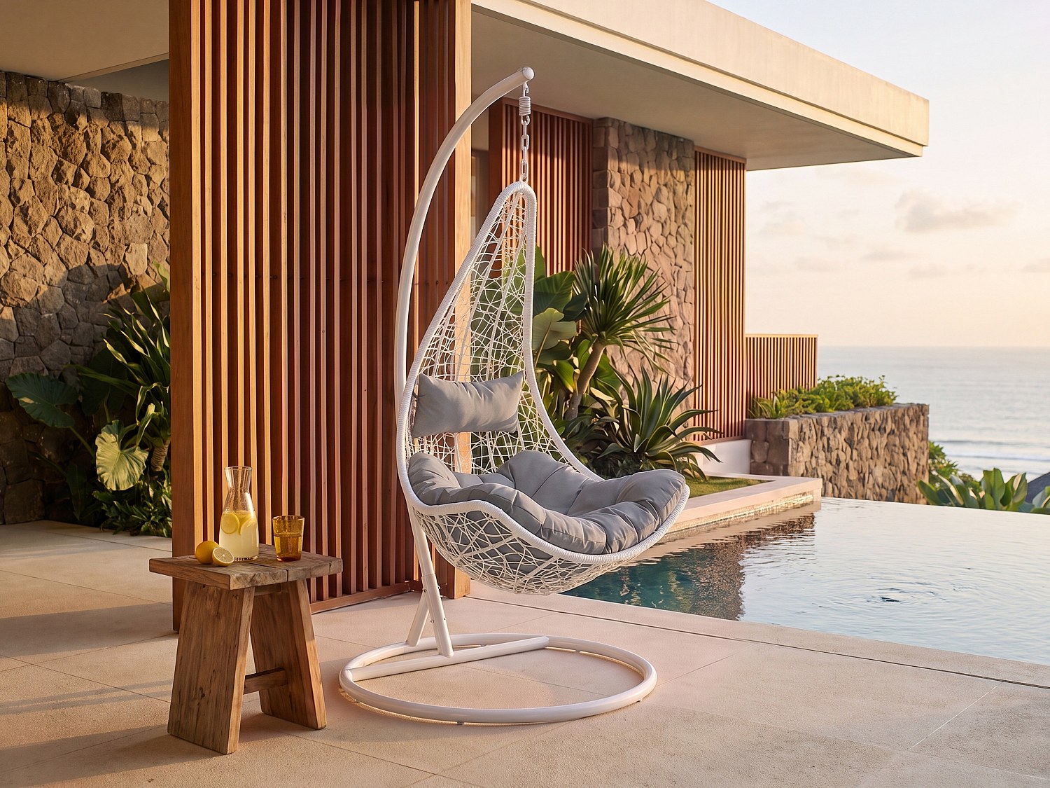 Hängesessel - Polyrattan - Weiß mit grauen Kissen - OROSI von MYLIA