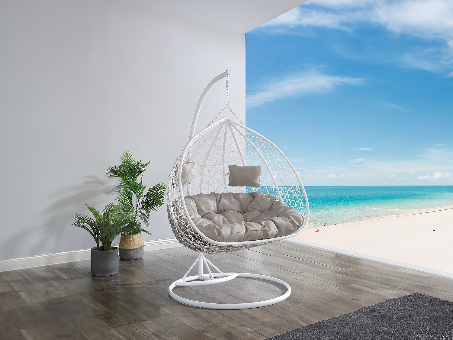 Hängesessel 2-Sitzer Polyrattan - Weiß mit grauen Kissen - CAYAMBE von MYLIA